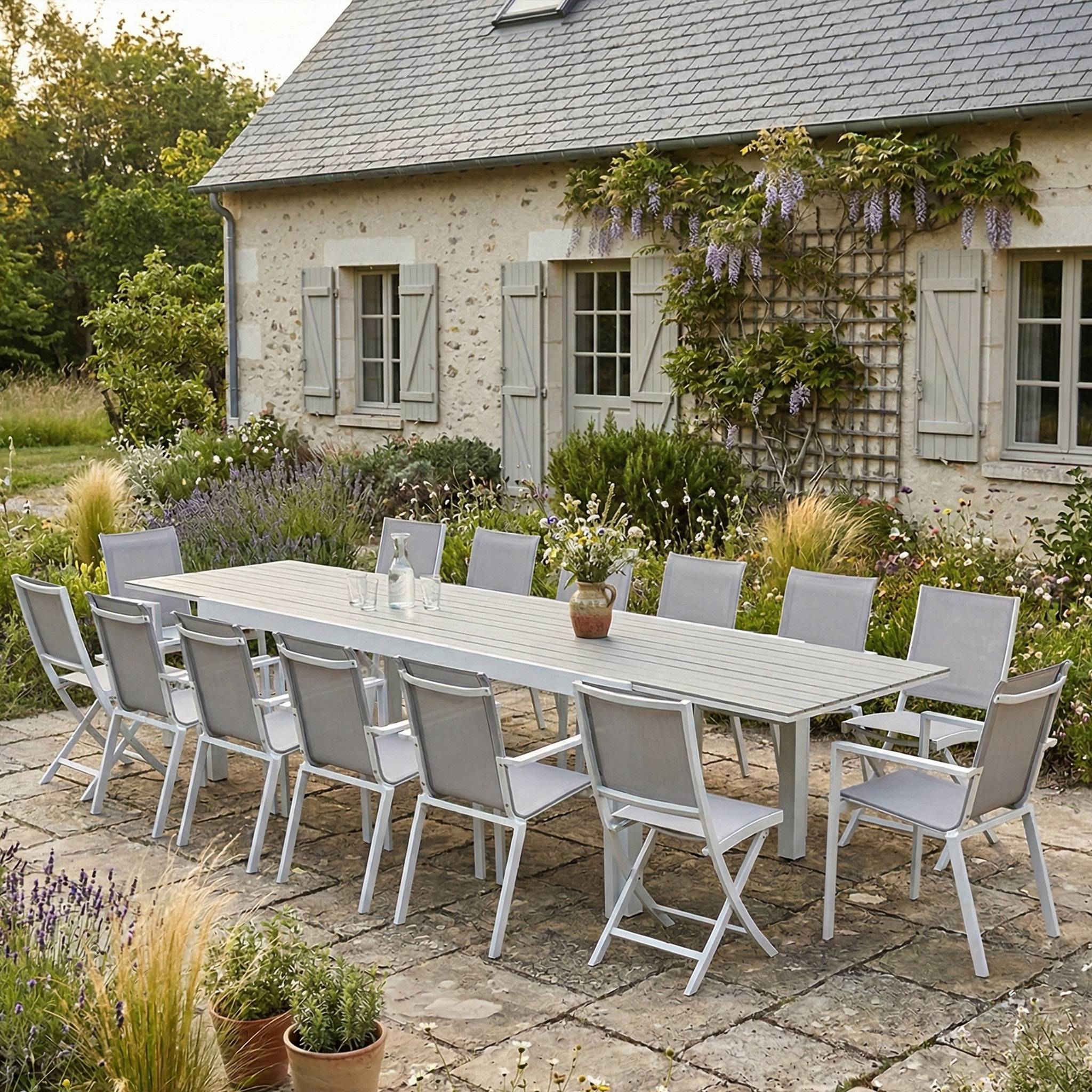 Wilsa Garden - Ensemble de jardin aluminium 10/14 places extensible TULUM avec 10 fauteuils et 4 chaises - Imagen 1