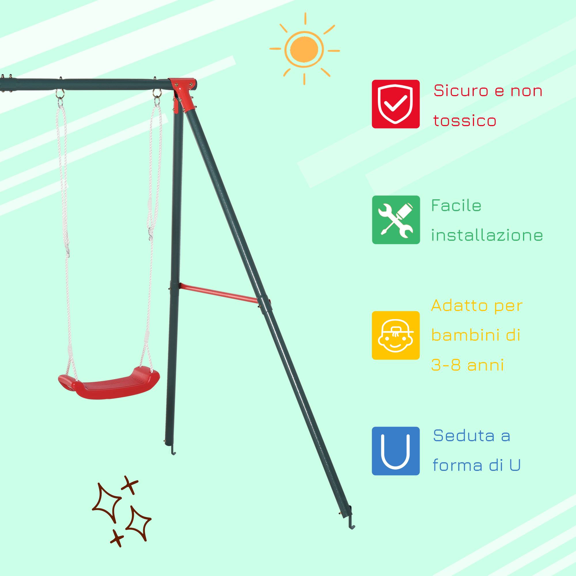 Balançoire double de jardin pour enfants à partir de 3 ans, vert et rouge, permet à deux enfants de jouer simultanément - Image 6