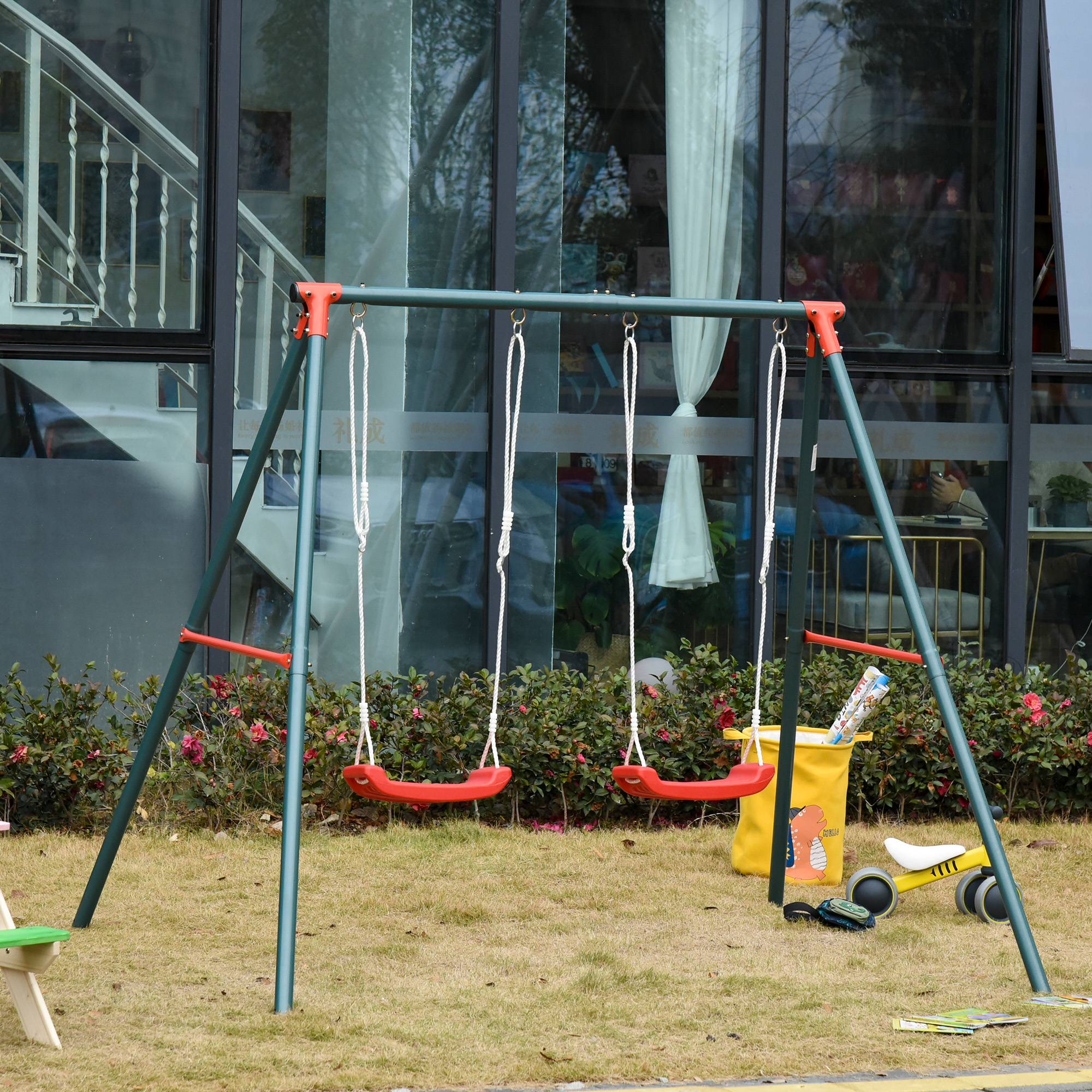 Balançoire double de jardin pour enfants à partir de 3 ans, vert et rouge, permet à deux enfants de jouer simultanément - Image 1