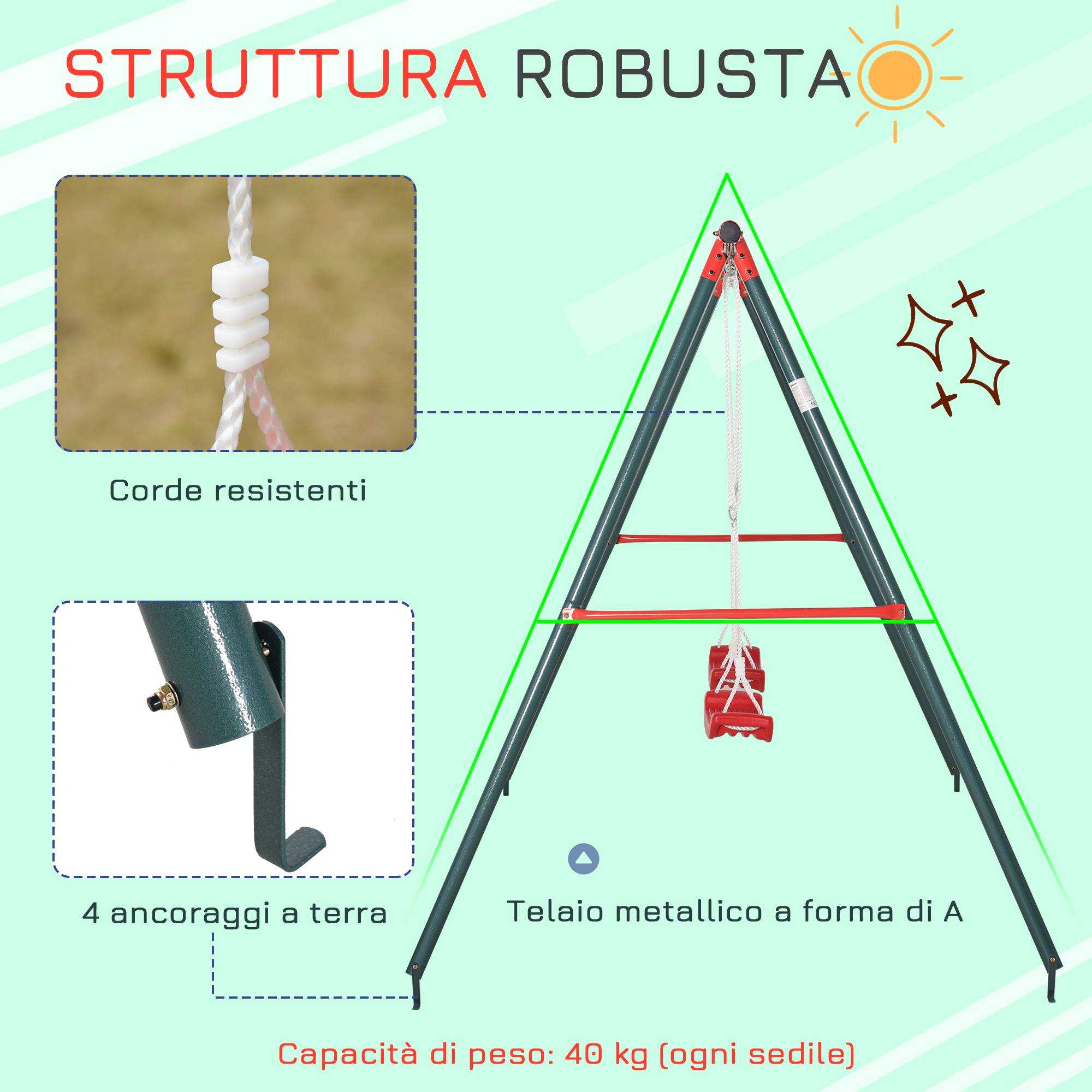Balançoire double de jardin pour enfants à partir de 3 ans, vert et rouge, permet à deux enfants de jouer simultanément - Image 4