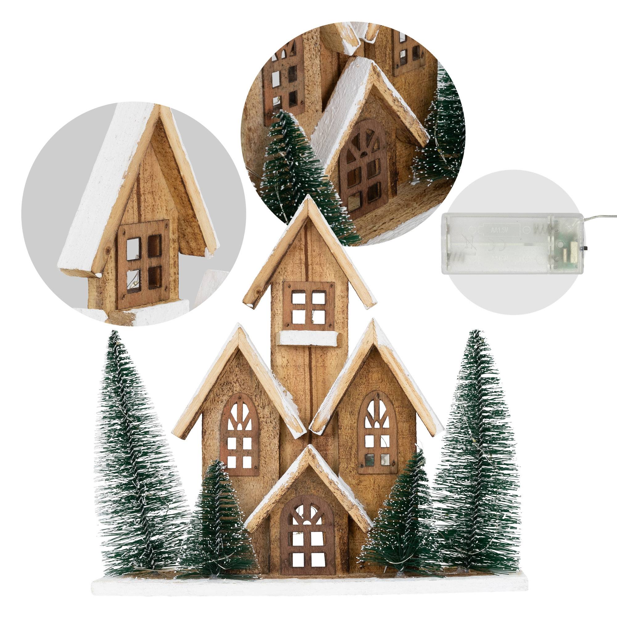 Ecd-Germany - Maison de Noël LED décoration d'hiver en bois lumière blanc chaud sans piles - Imagen 5