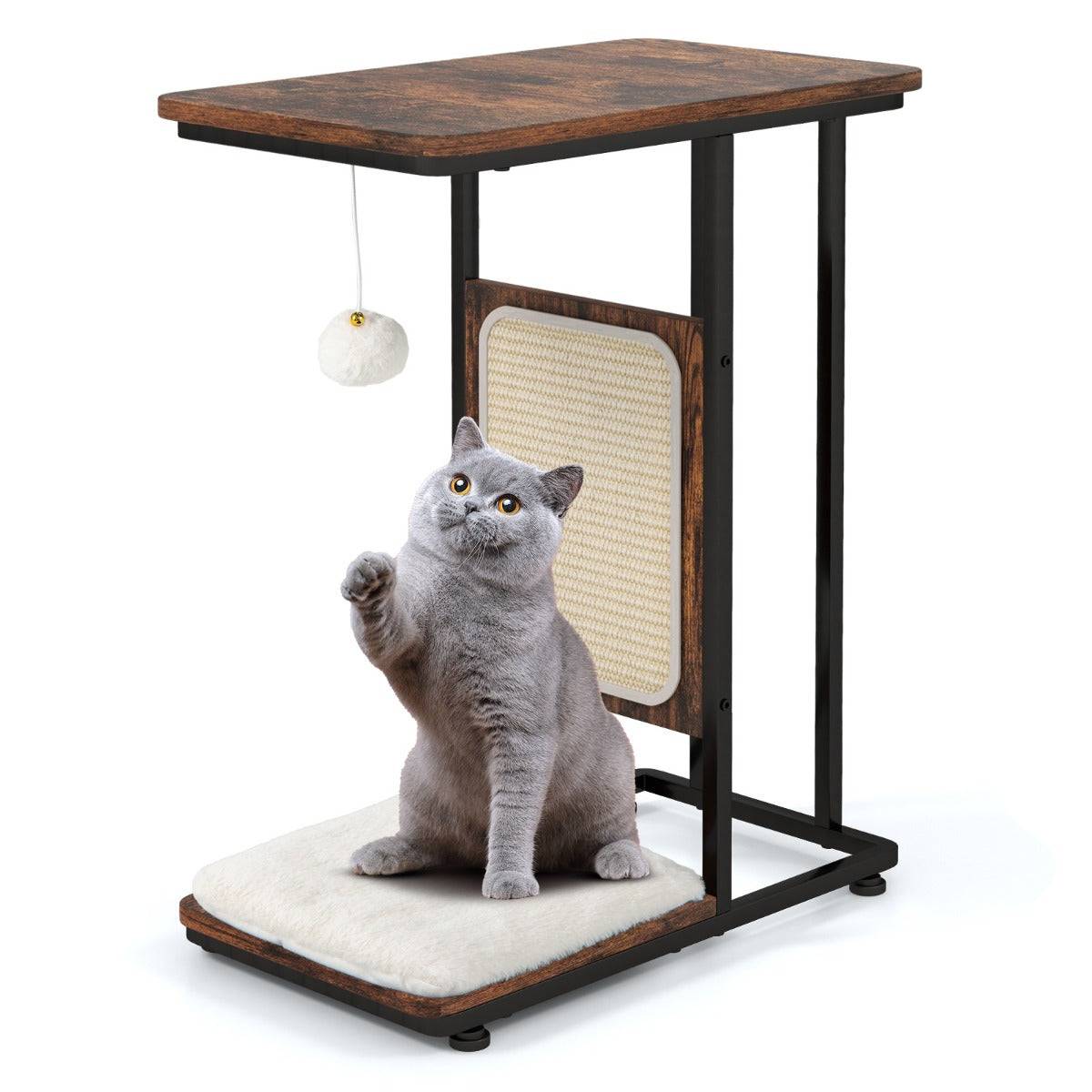 Helloshop26 - 2 en 1 arbre à chat 64cm griffoir pompon suspendu coussin amovible structure en forme de C style industriel café - Imagen 1