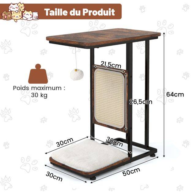 Helloshop26 - 2 en 1 arbre à chat 64cm griffoir pompon suspendu coussin amovible structure en forme de C style industriel café - Imagen 4