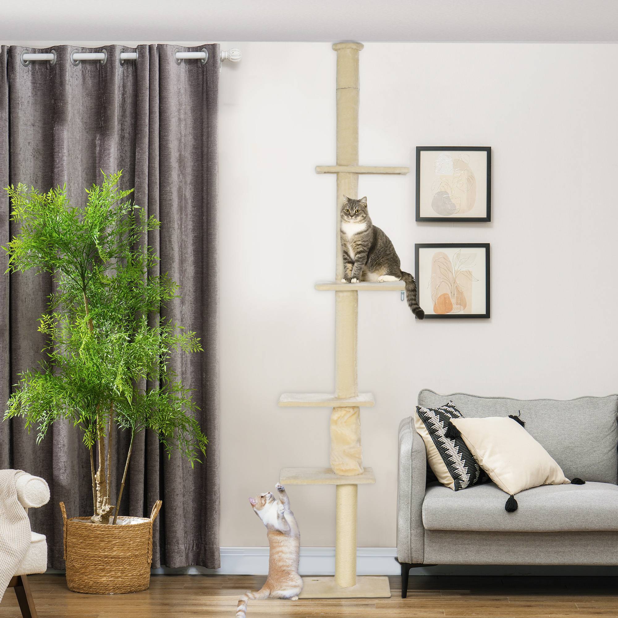 Arbre à chat réglable 225-275 cm, base stable, anti-bascule, peluche, blanc crème - Image 4