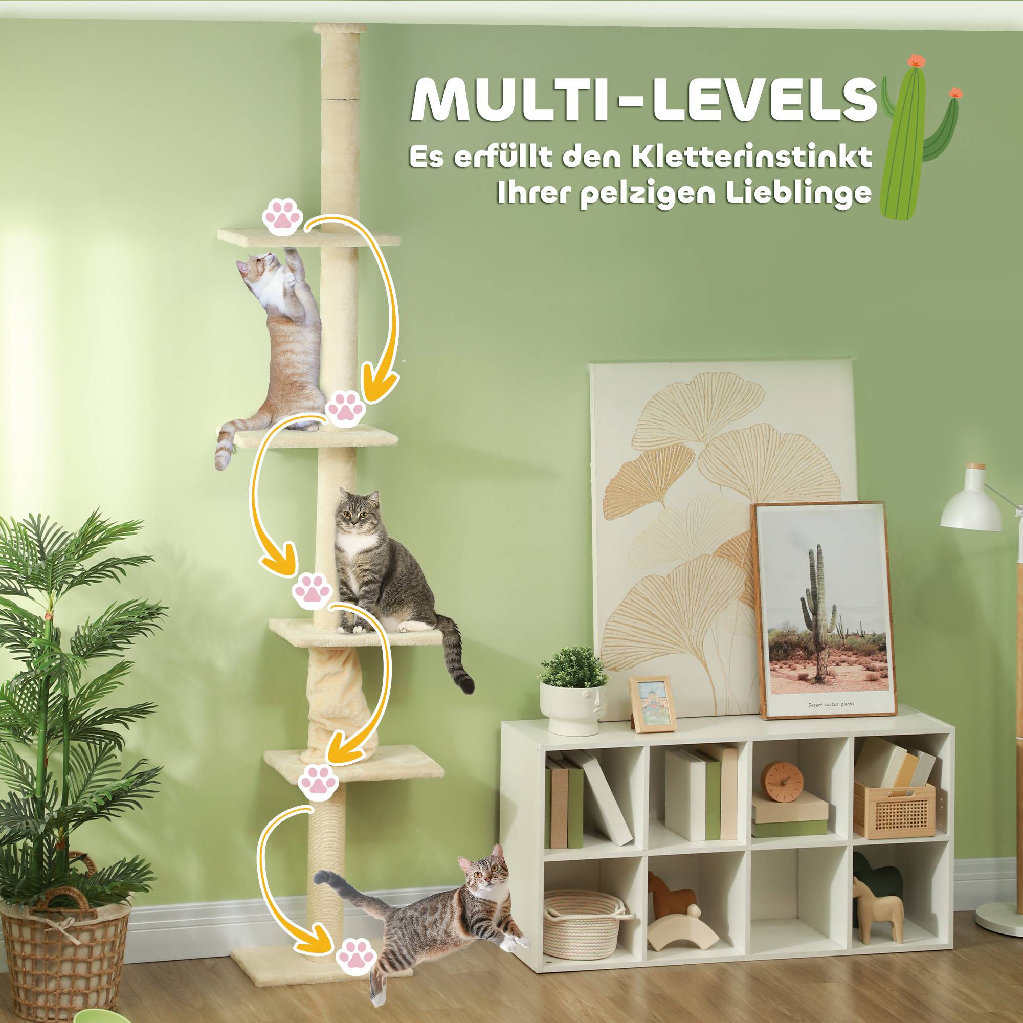 Arbre à chat réglable 225-275 cm, base stable, anti-bascule, peluche, blanc crème - Image 8