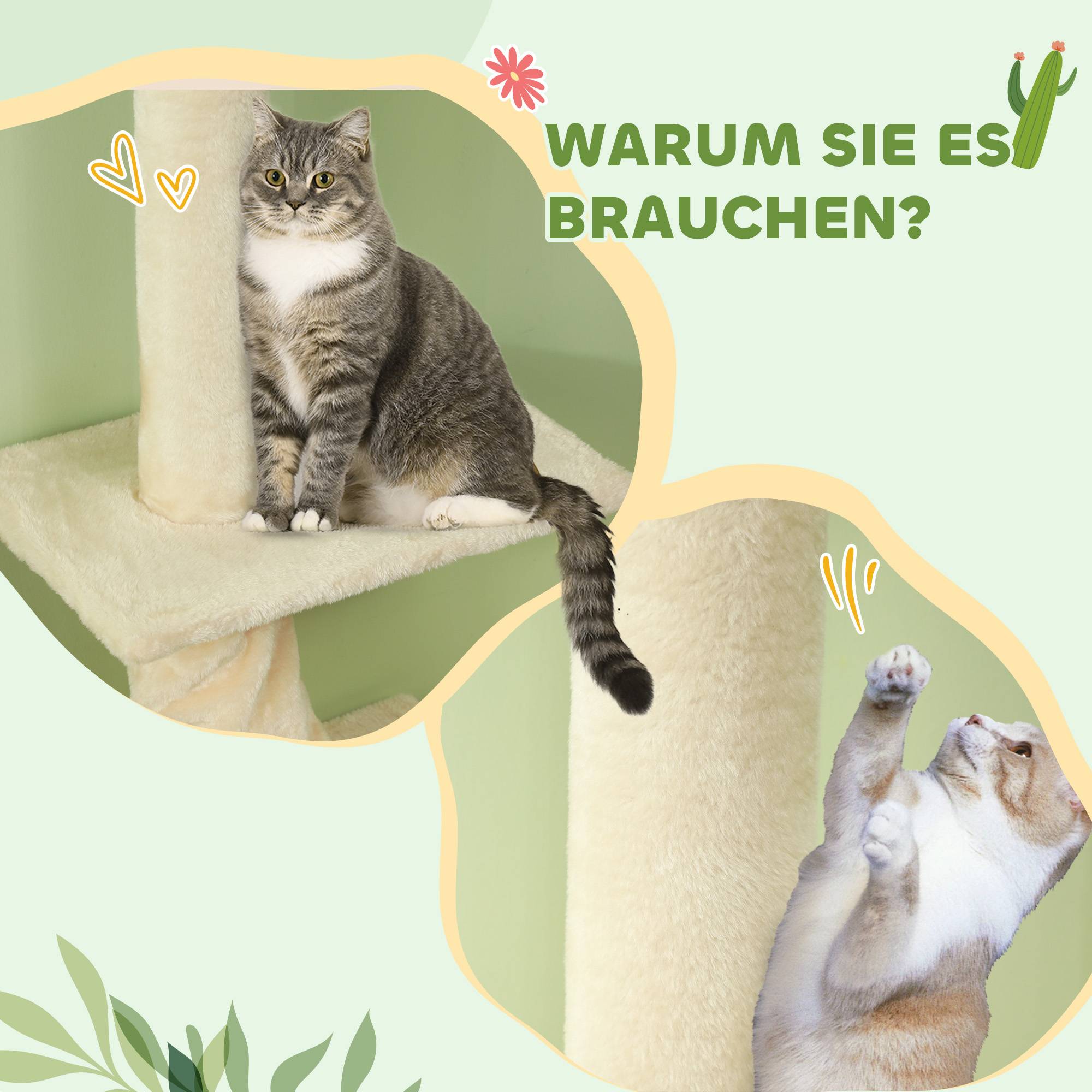 Arbre à chat réglable 225-275 cm, base stable, anti-bascule, peluche, blanc crème - Image 9