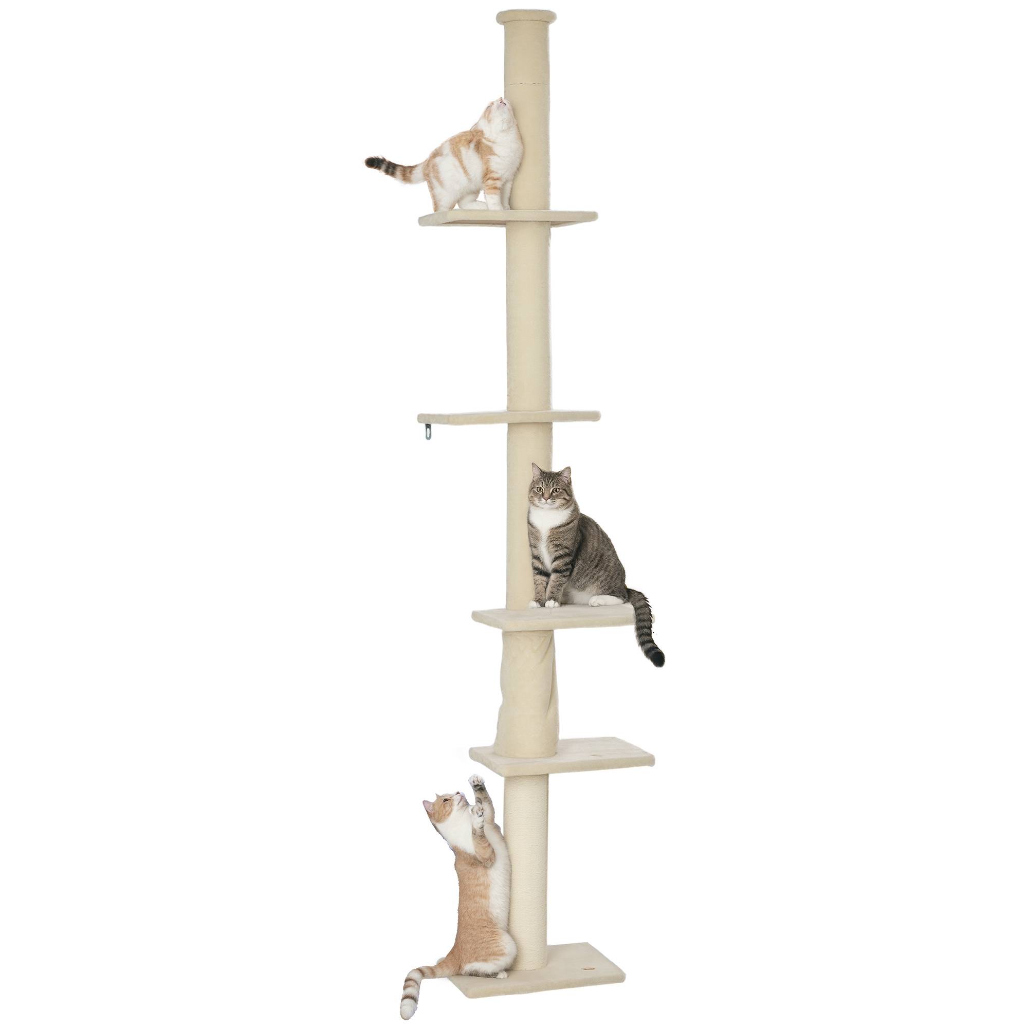 Arbre à chat réglable 225-275 cm, base stable, anti-bascule, peluche, blanc crème - Image 1