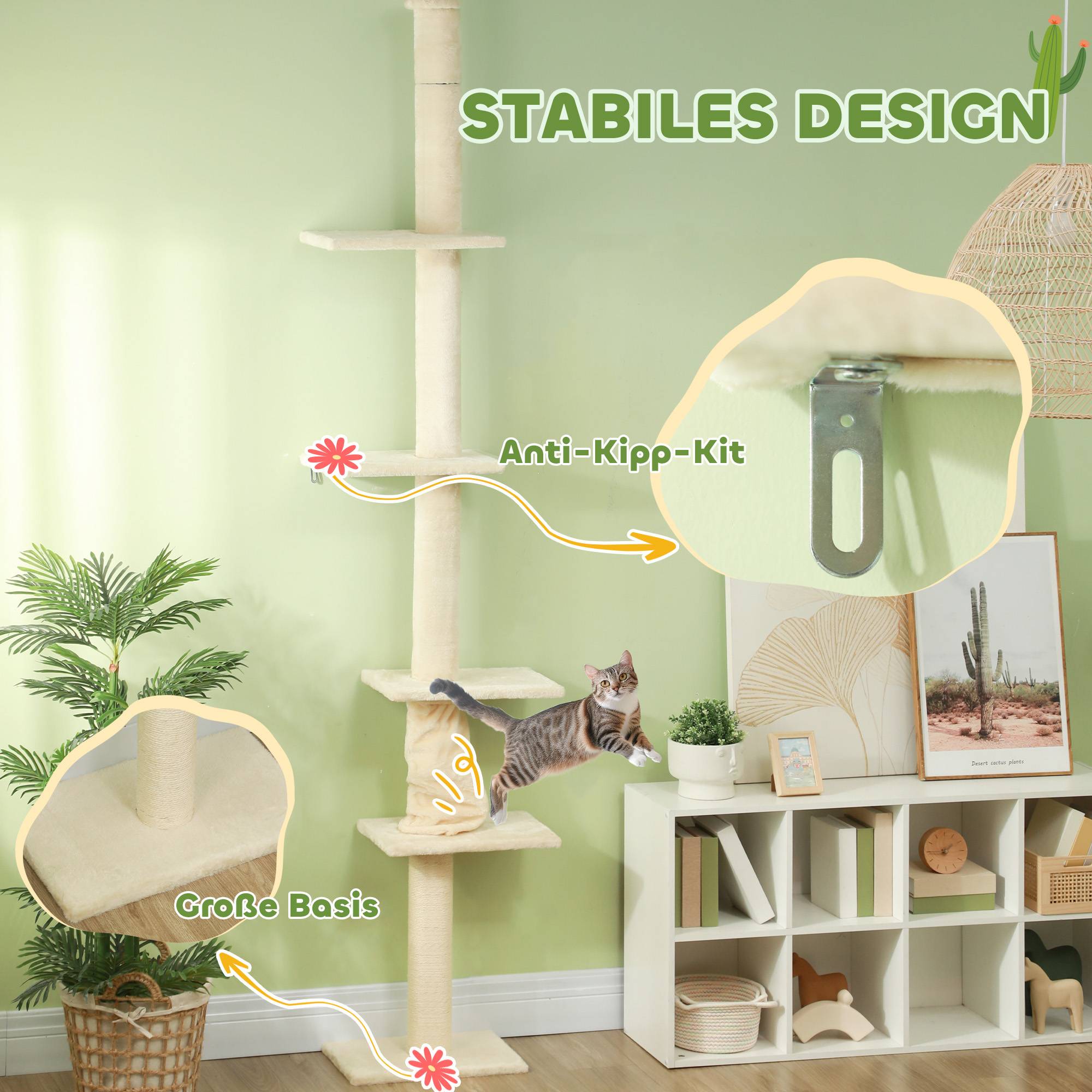 Arbre à chat réglable 225-275 cm, base stable, anti-bascule, peluche, blanc crème - Image 7