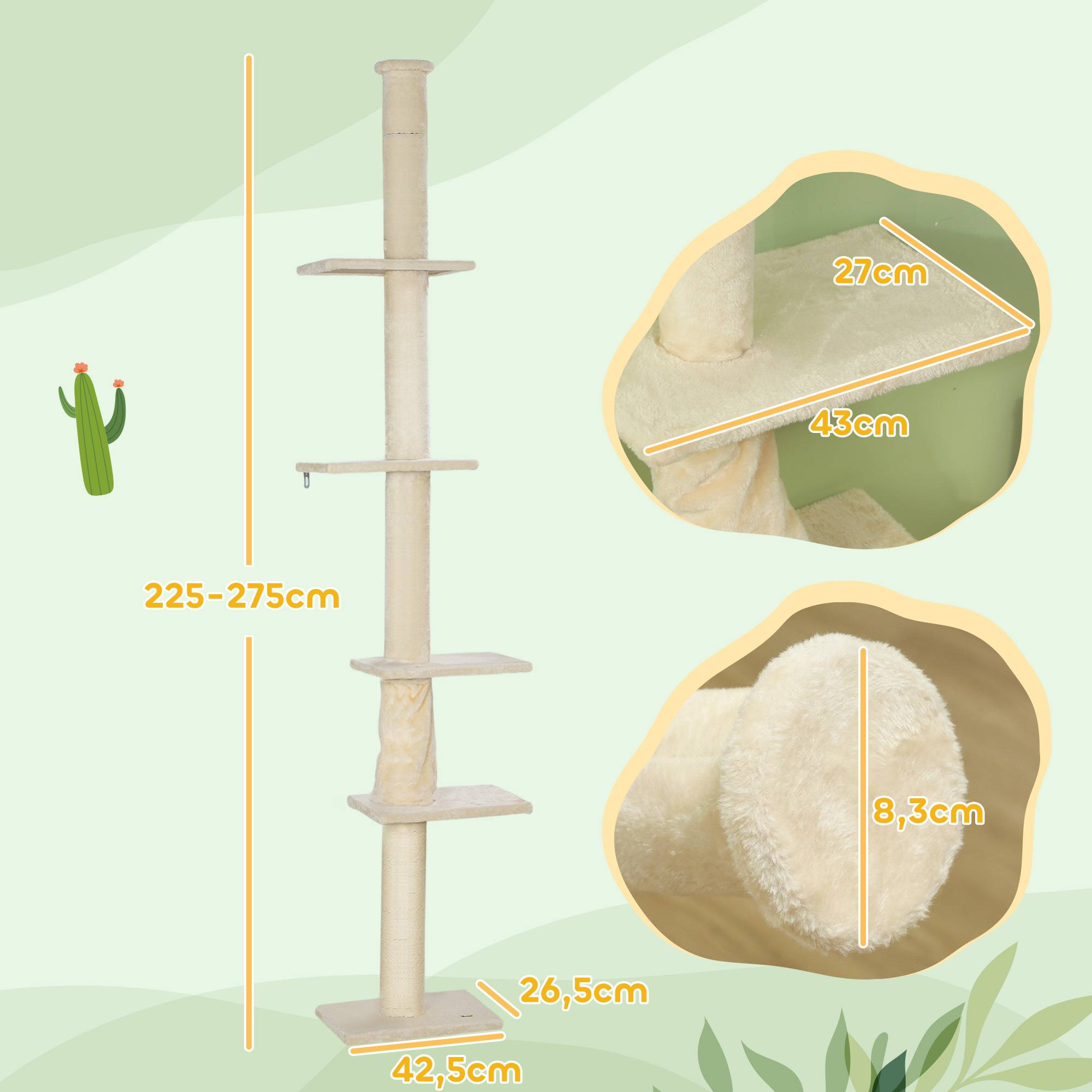 Arbre à chat réglable 225-275 cm, base stable, anti-bascule, peluche, blanc crème - Image 5