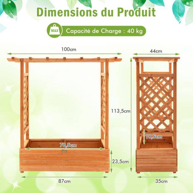 Helloshop26 - Jardinière avec treillis latéraux et toit suspendu bois sapin pré-huilé 110 x 44 x 113,5 cm bac à fleurs avec trou de drainage - Imagen 2