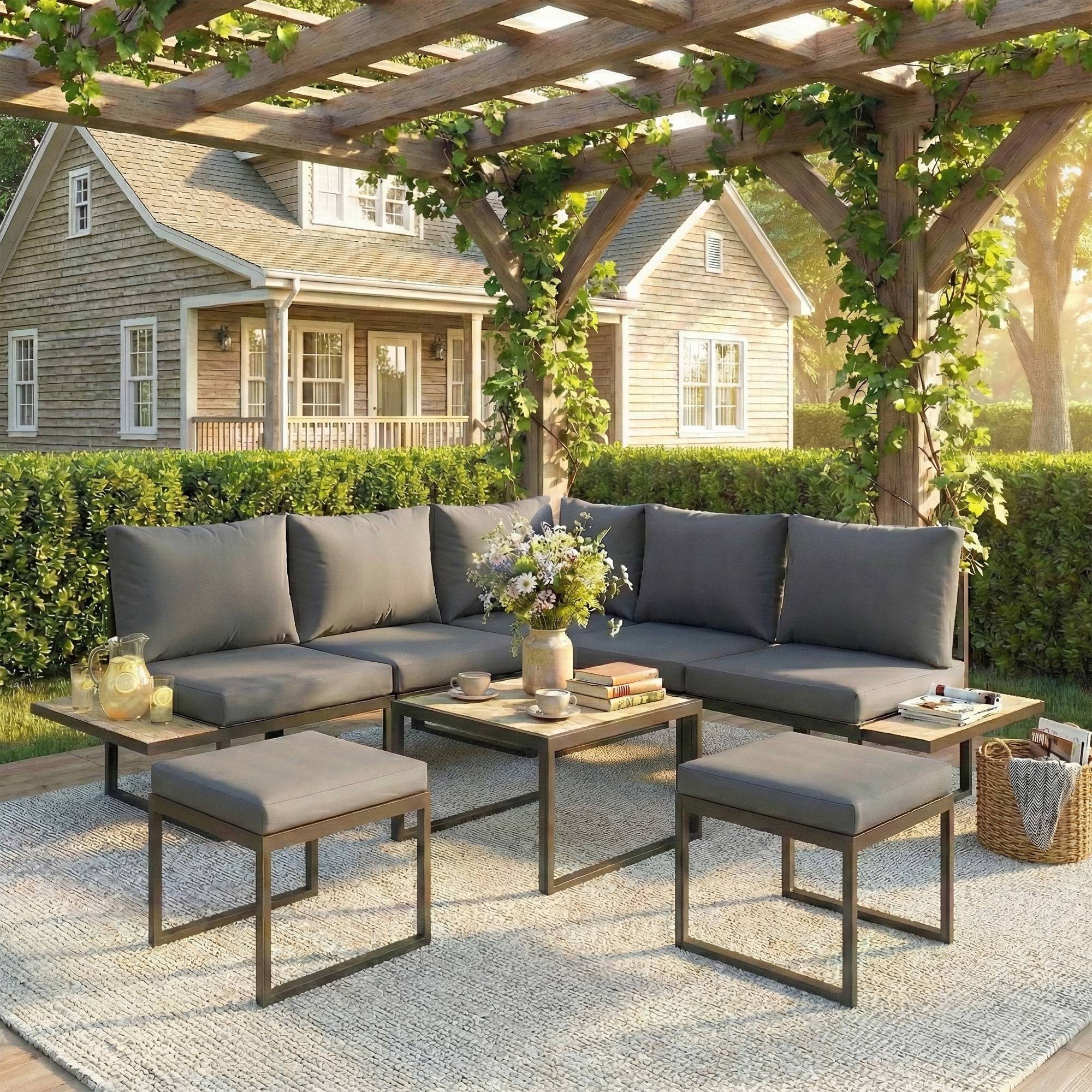 Outsunny - Salon de jardin extérieur 6 personnes, modulable avec table basse et plateaux latéraux en bois PSPC - gris - Outsunny - Image 6