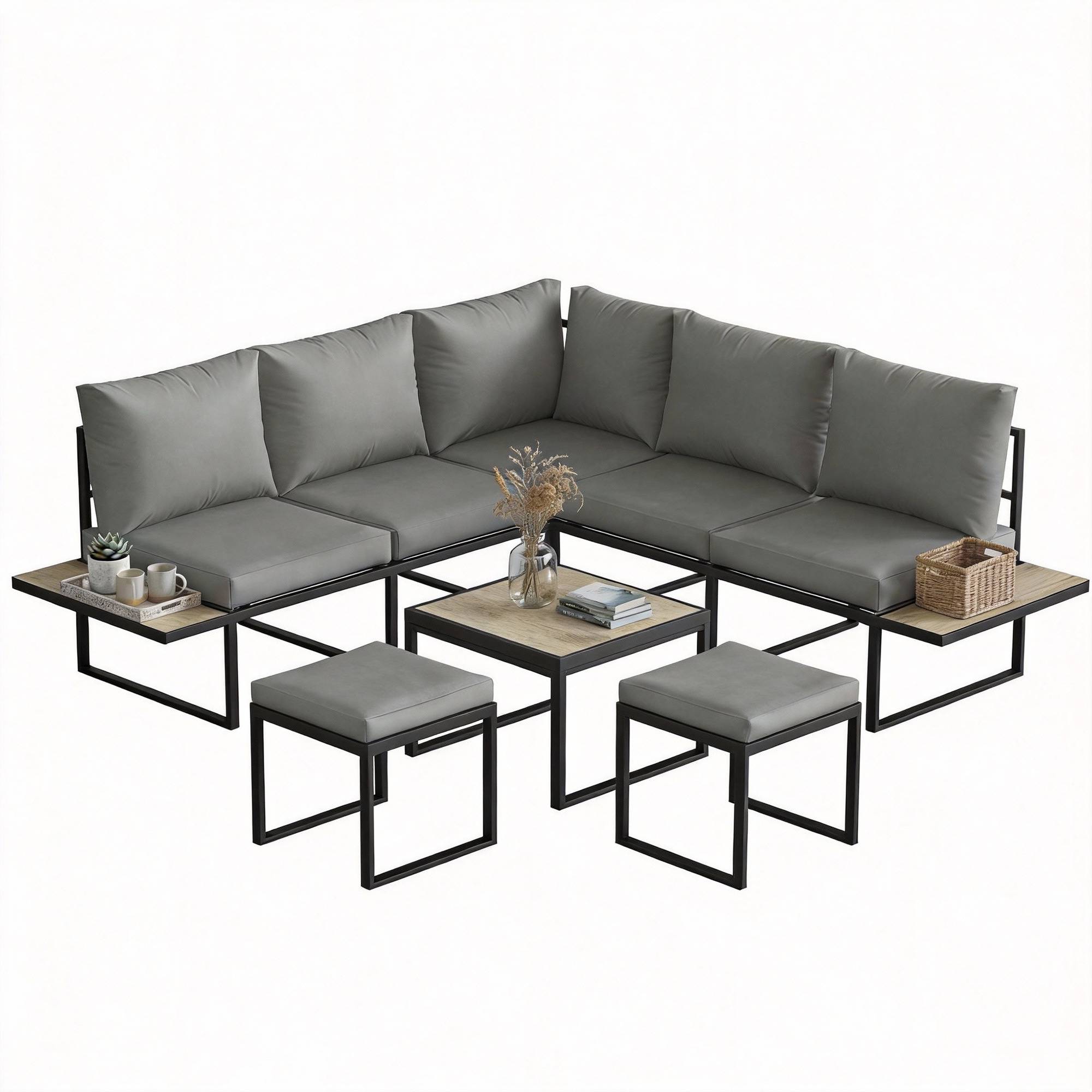 Outsunny - Salon de jardin extérieur 6 personnes, modulable avec table basse et plateaux latéraux en bois PSPC - gris - Outsunny - Image 5