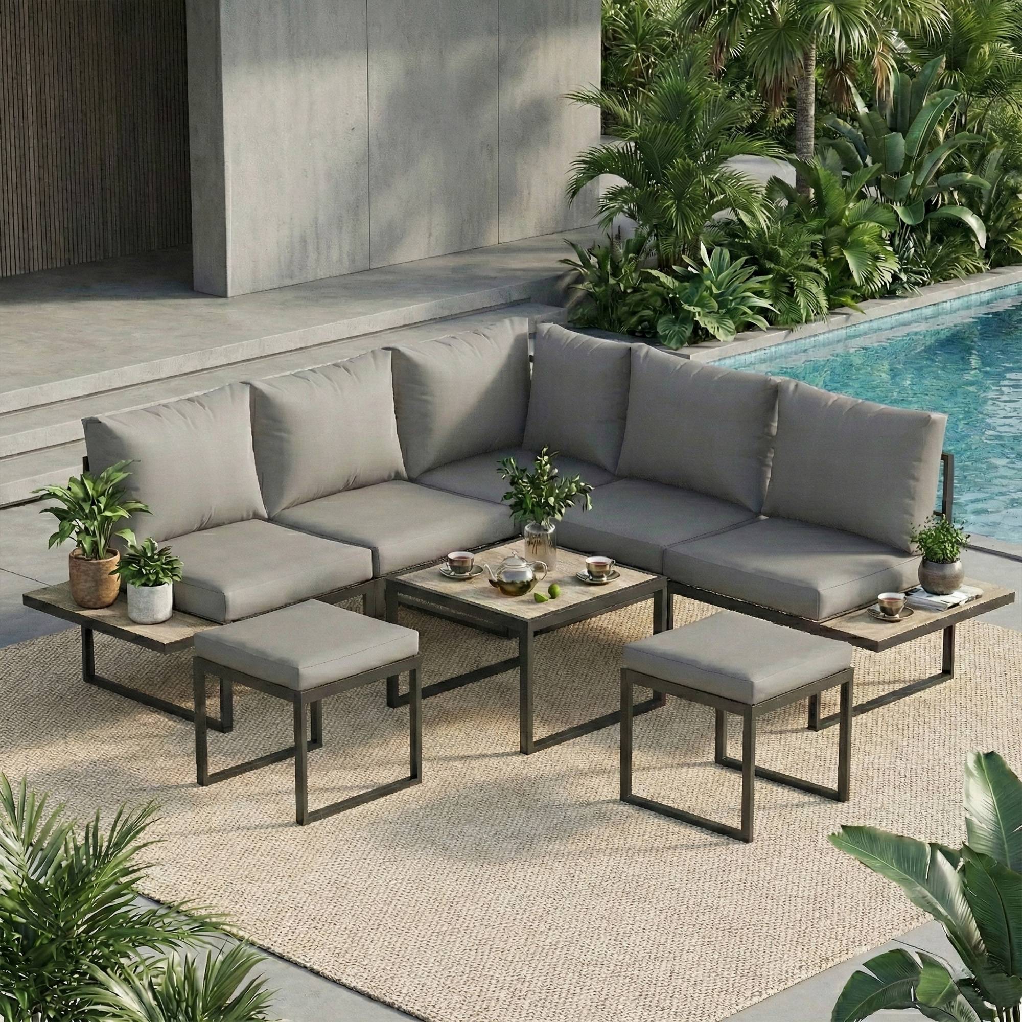 Outsunny - Salon de jardin extérieur 6 personnes, modulable avec table basse et plateaux latéraux en bois PSPC - gris - Outsunny - Image 2