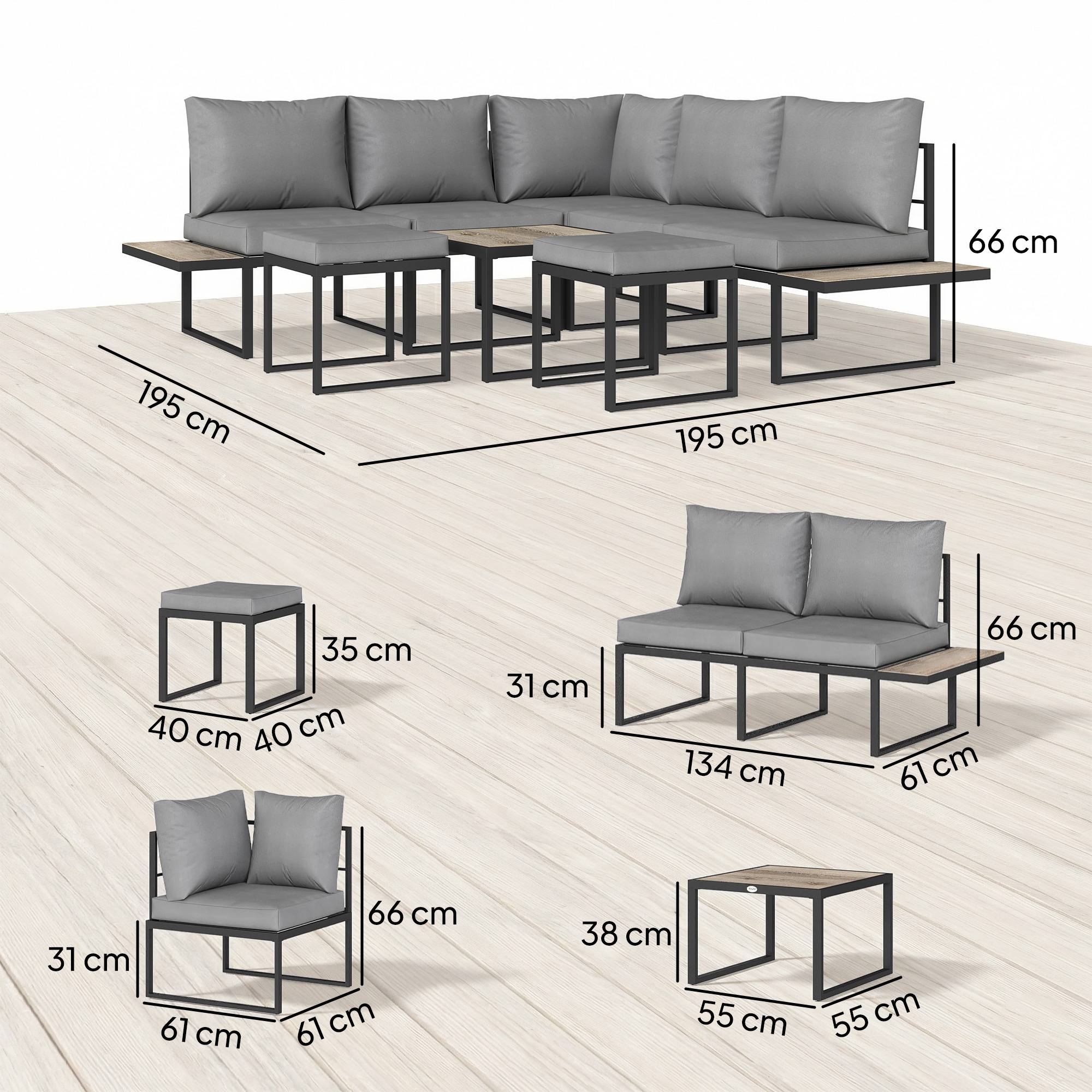 Outsunny - Salon de jardin extérieur 6 personnes, modulable avec table basse et plateaux latéraux en bois PSPC - gris - Outsunny - Image 3