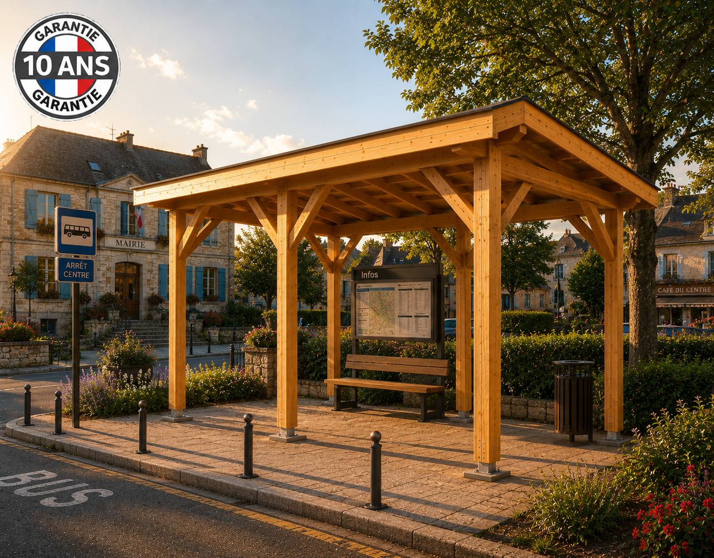 Cpbf Charpentes - Carport bois 2 pentes en bois douglas 33 m², 6 poteaux avec pieds de poteaux fixes. Abri voiture extérieur. Garantie 10 ans.