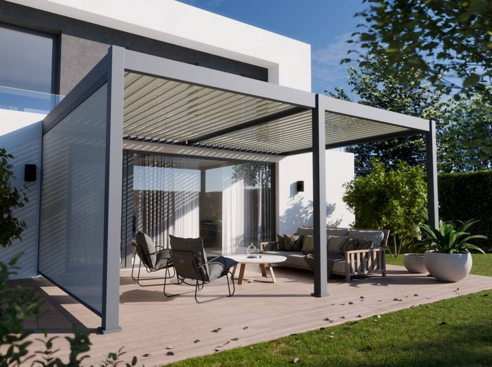 Pergola Bioclimatique Aluminium Adossée 19m² - 3,6x5,3 - Store Latéral - Anthracite - 34 lames Inclinables 120 degrés - HALO - Imagen 1