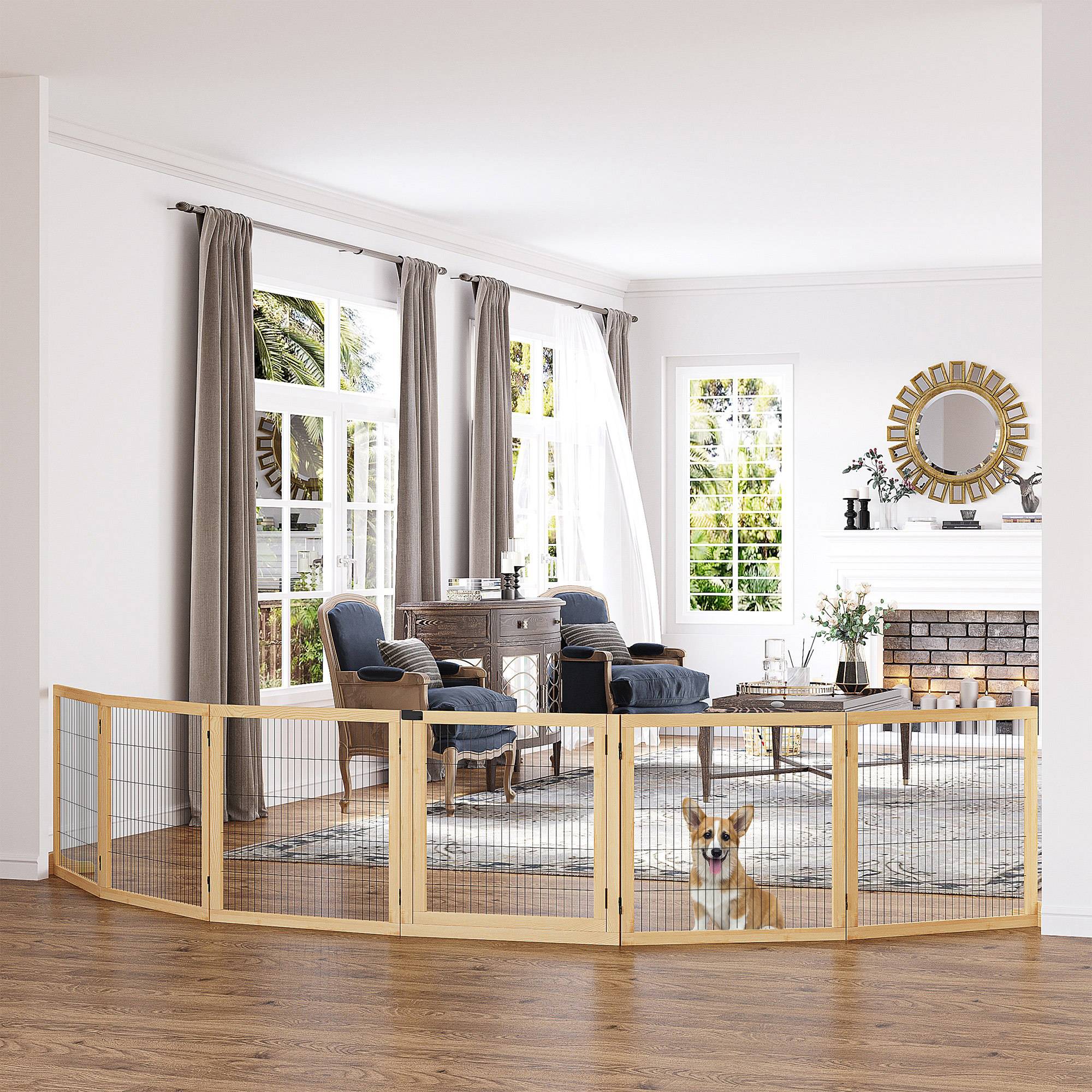Barrière pour animal, pour chien, pin, pliable, 432 x 36 x 70 cm, naturel - Image 3