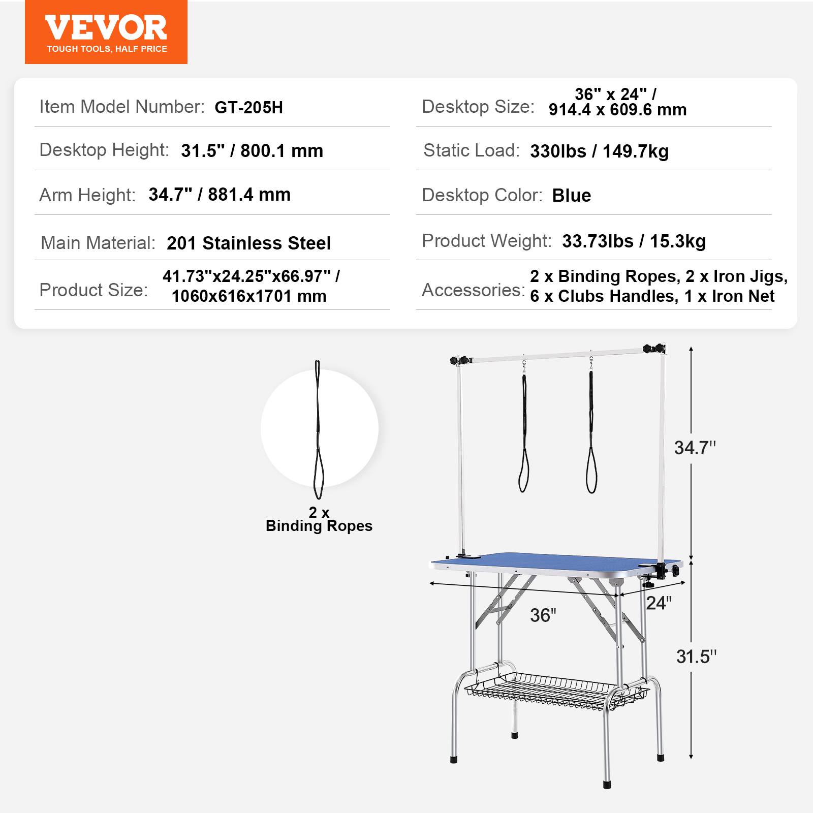 VEVOR Table toilettage chien pliable, charge 149,7 kg. 2 potences, panier. - Image 7