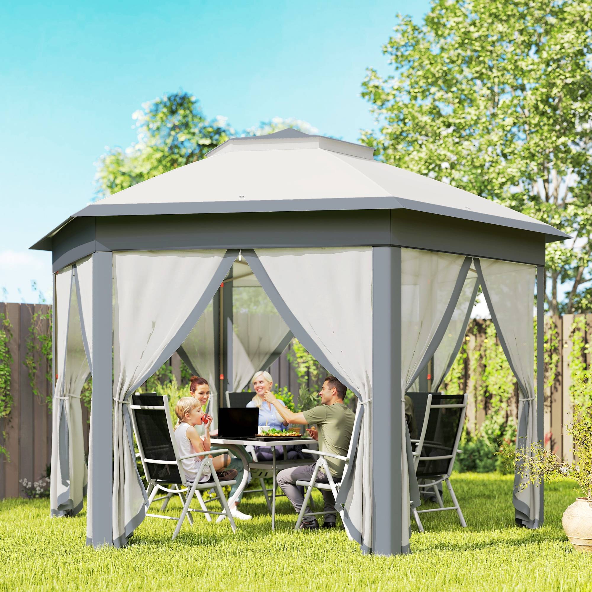 ComfortXL - Tonnelle pliante hexagonale métal pour jardin double toit moustiquaires grise 4,05 x 3,4 m - ComfortXL Outdoor Living - Image 3