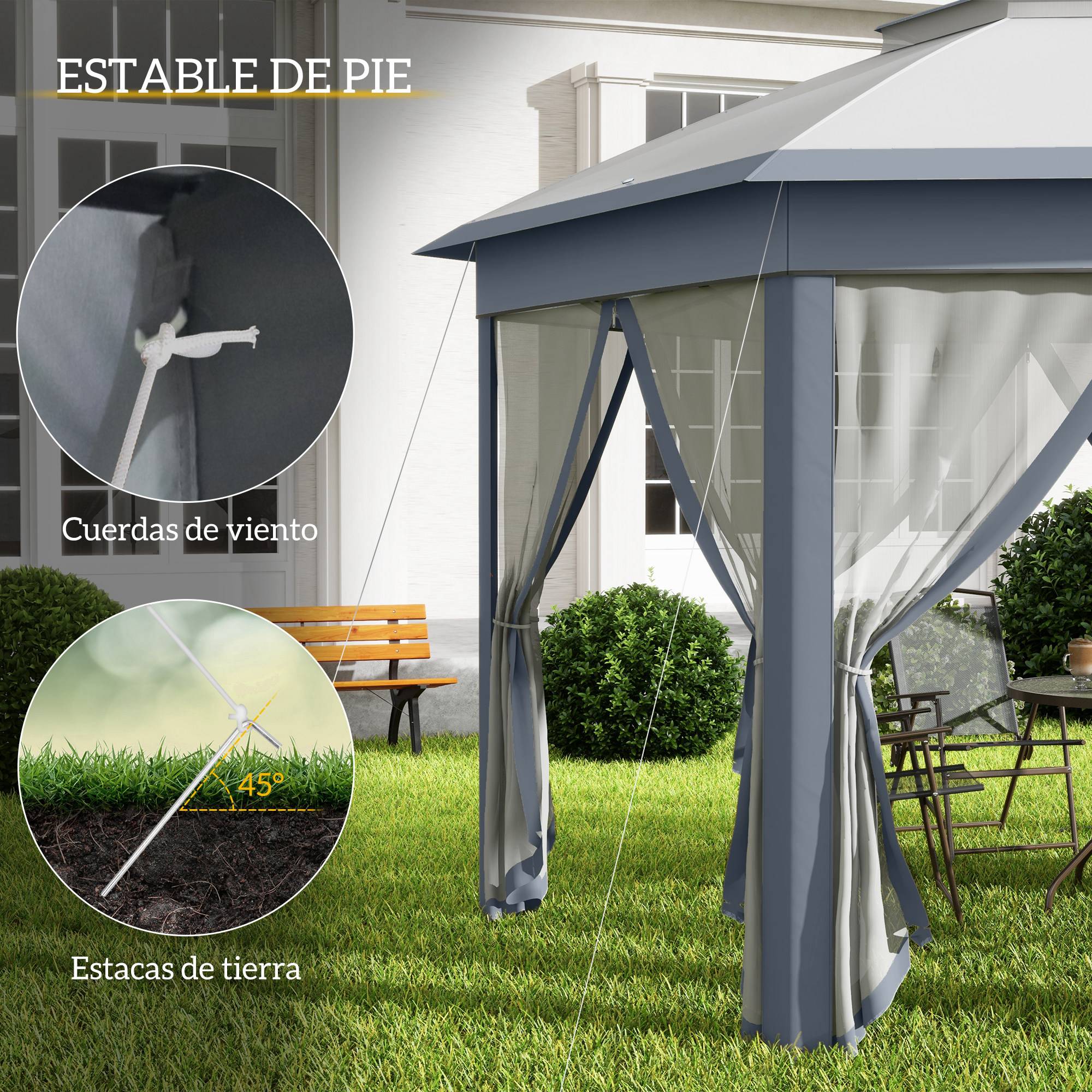 ComfortXL - Tonnelle pliante hexagonale métal pour jardin double toit moustiquaires grise 4,05 x 3,4 m - ComfortXL Outdoor Living - Image 8