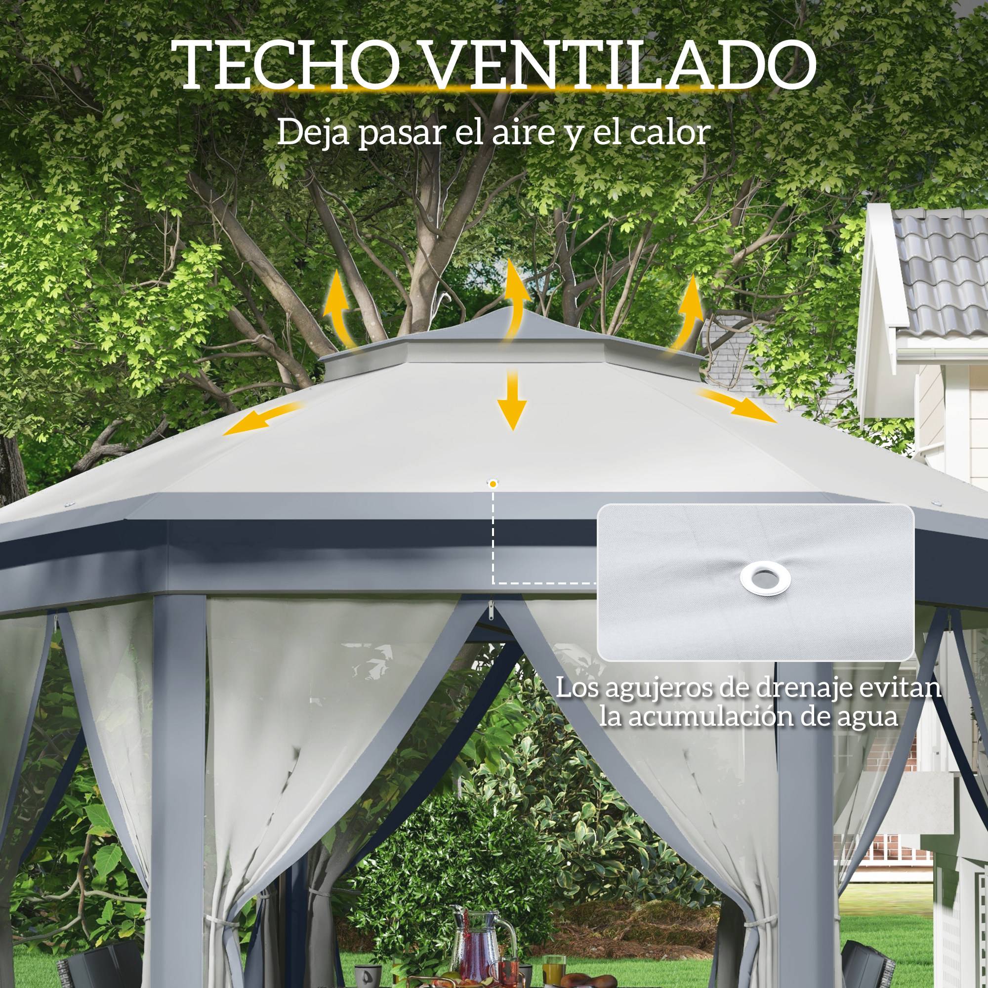ComfortXL - Tonnelle pliante hexagonale métal pour jardin double toit moustiquaires grise 4,05 x 3,4 m - ComfortXL Outdoor Living - Image 7