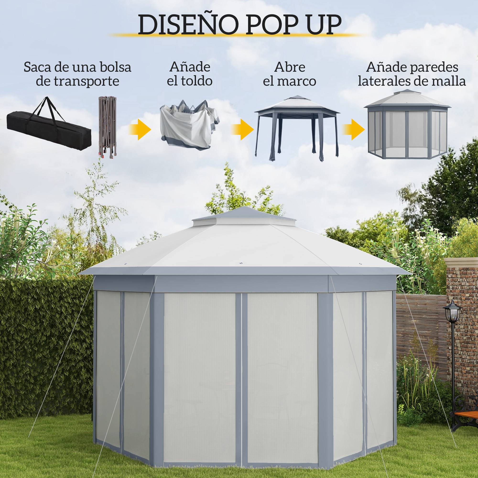 ComfortXL - Tonnelle pliante hexagonale métal pour jardin double toit moustiquaires grise 4,05 x 3,4 m - ComfortXL Outdoor Living - Image 6