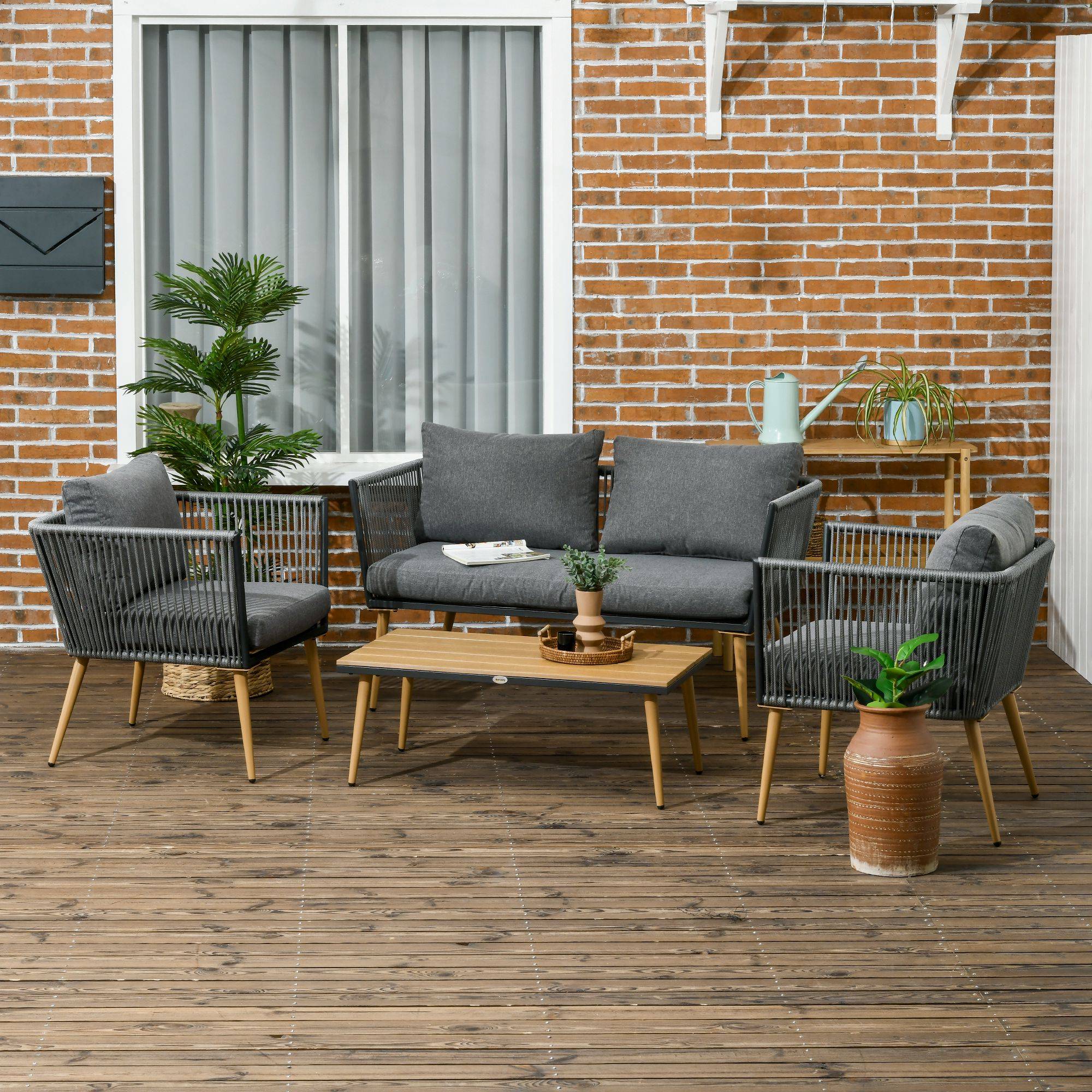 Outsunny - Salon de jardin 4 places 4 pièces design scandinave acier époxy résine filaire PE coussins inclus gris - Imagen 2
