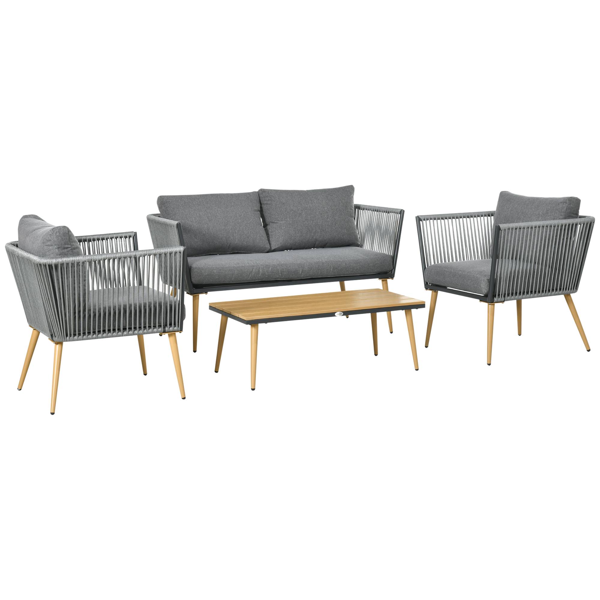 Outsunny - Salon de jardin 4 places 4 pièces design scandinave acier époxy résine filaire PE coussins inclus gris - Imagen 1