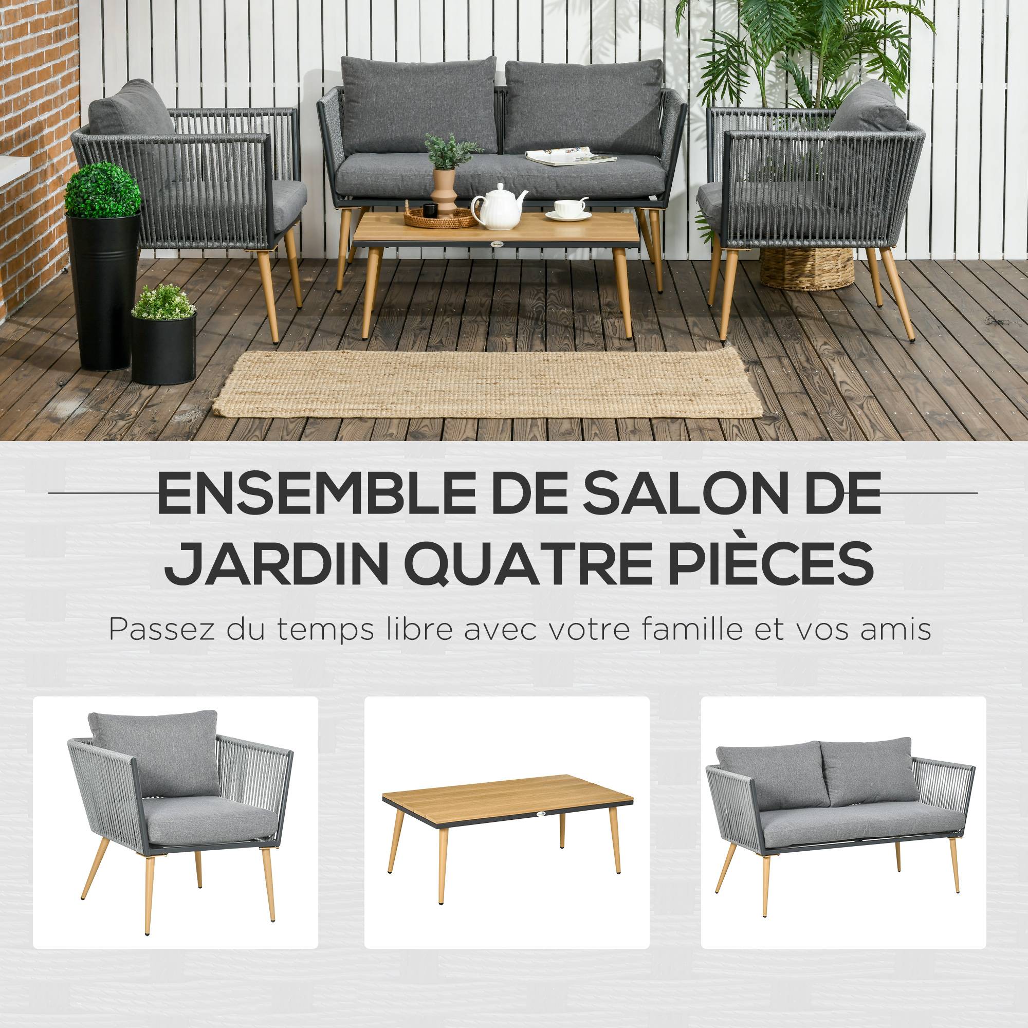 Outsunny - Salon de jardin 4 places 4 pièces design scandinave acier époxy résine filaire PE coussins inclus gris - Imagen 4