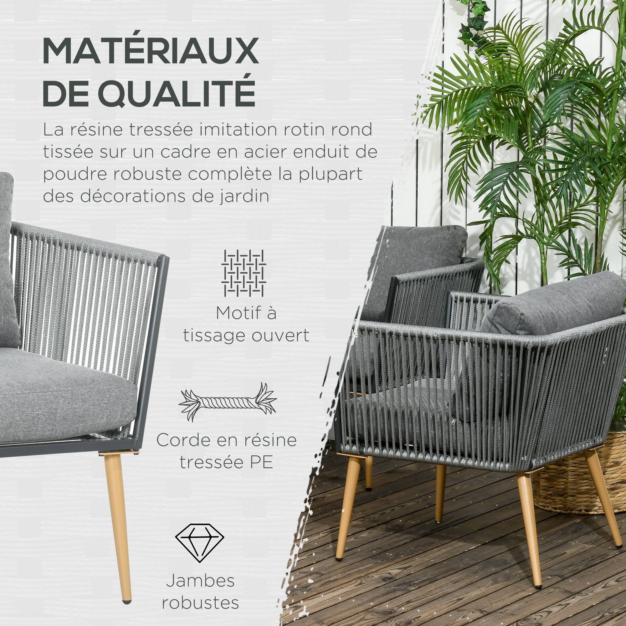 Outsunny - Salon de jardin 4 places 4 pièces design scandinave acier époxy résine filaire PE coussins inclus gris - Imagen 6