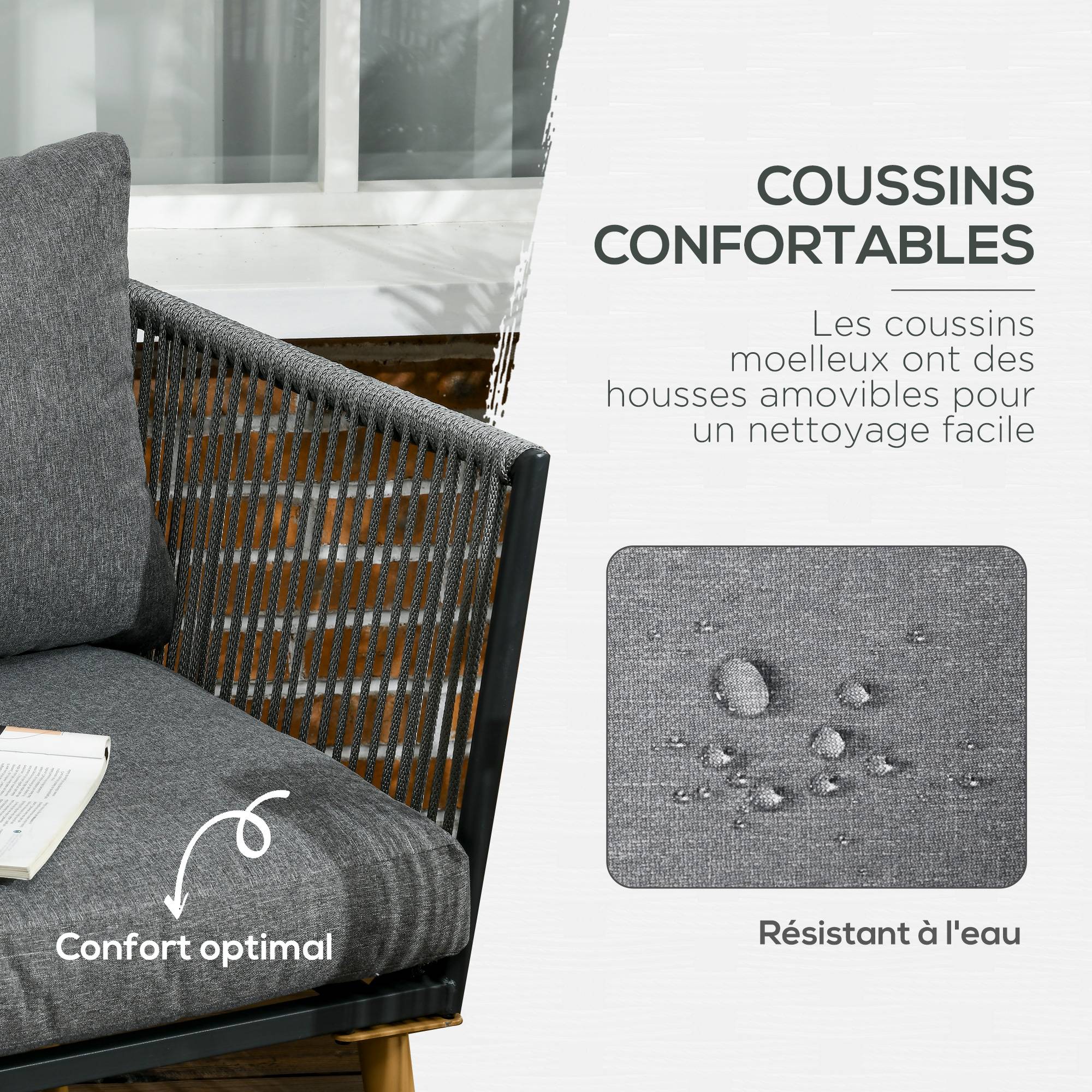 Outsunny - Salon de jardin 4 places 4 pièces design scandinave acier époxy résine filaire PE coussins inclus gris - Imagen 7