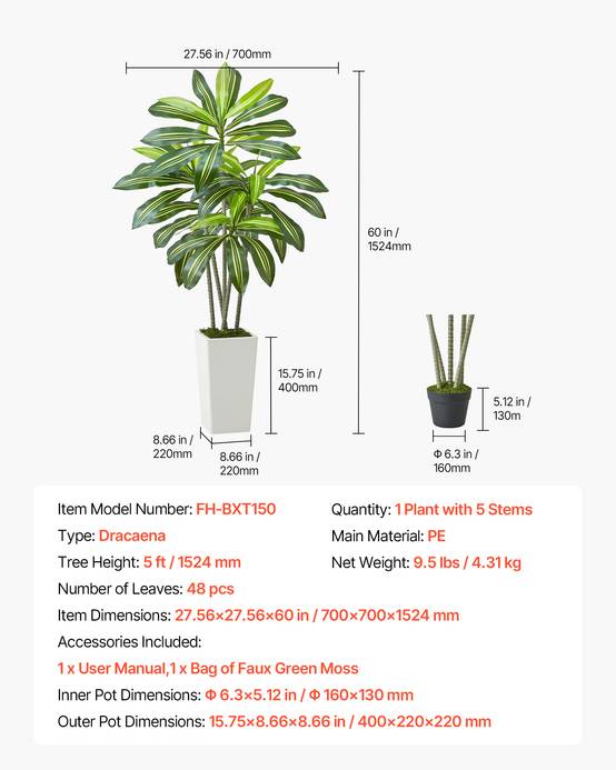 VEVOR Dracaena Artificiel Plante Artificielle Tropicale Faux Arbre en Pot 1,5 m - Image 7