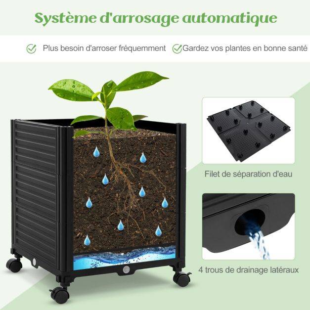 Helloshop26 - Jardinière surélevée à roulettes avec treillis obélisque lit de jardin à arrosage automatique avec 3 hauteurs 42 x 42 x 219 cm noir - Imagen 3