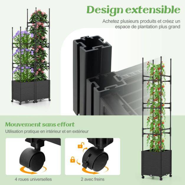 Helloshop26 - Jardinière surélevée à roulettes avec treillis obélisque lit de jardin à arrosage automatique avec 3 hauteurs 42 x 42 x 219 cm noir - Imagen 4