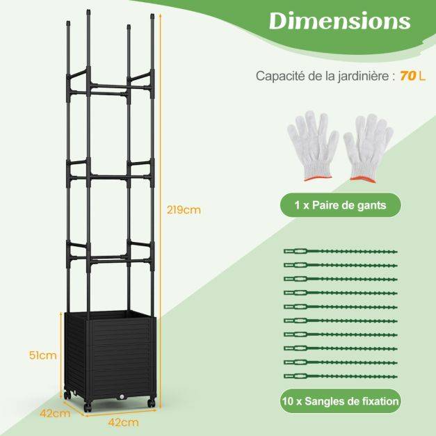Helloshop26 - Jardinière surélevée à roulettes avec treillis obélisque lit de jardin à arrosage automatique avec 3 hauteurs 42 x 42 x 219 cm noir - Imagen 6
