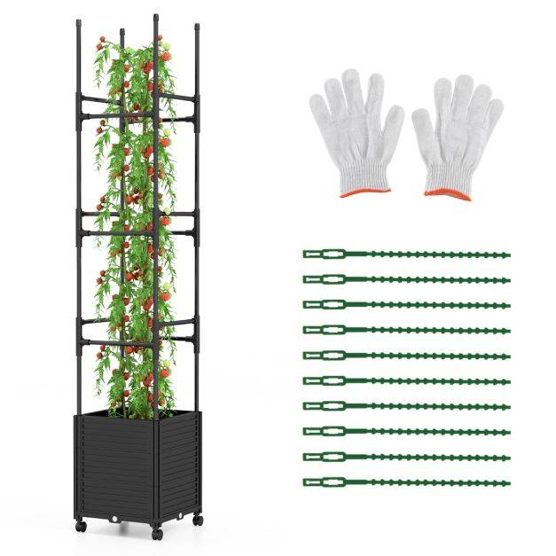 Helloshop26 - Jardinière surélevée à roulettes avec treillis obélisque lit de jardin à arrosage automatique avec 3 hauteurs 42 x 42 x 219 cm noir - Imagen 2