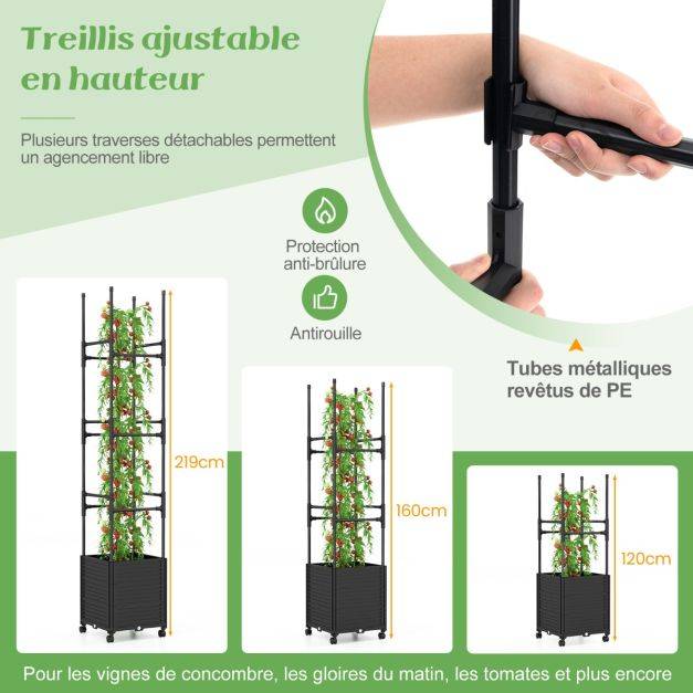 Helloshop26 - Jardinière surélevée à roulettes avec treillis obélisque lit de jardin à arrosage automatique avec 3 hauteurs 42 x 42 x 219 cm noir - Imagen 5