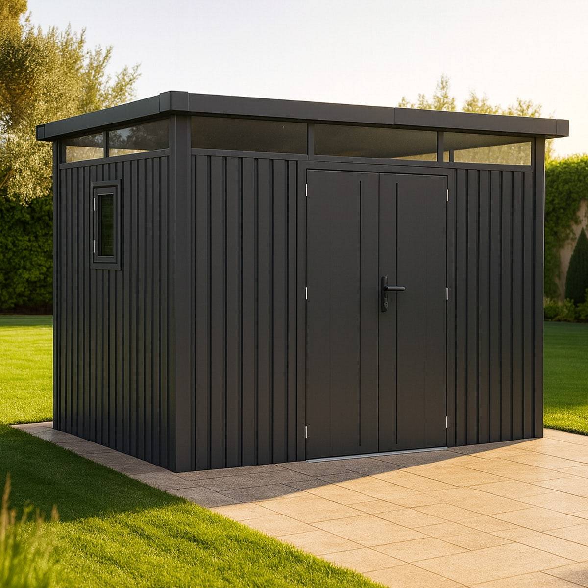 Trigano Jardin - Abri de jardin métal anthracite 7.45m² toit plat + kit d'ancrage - Image 1