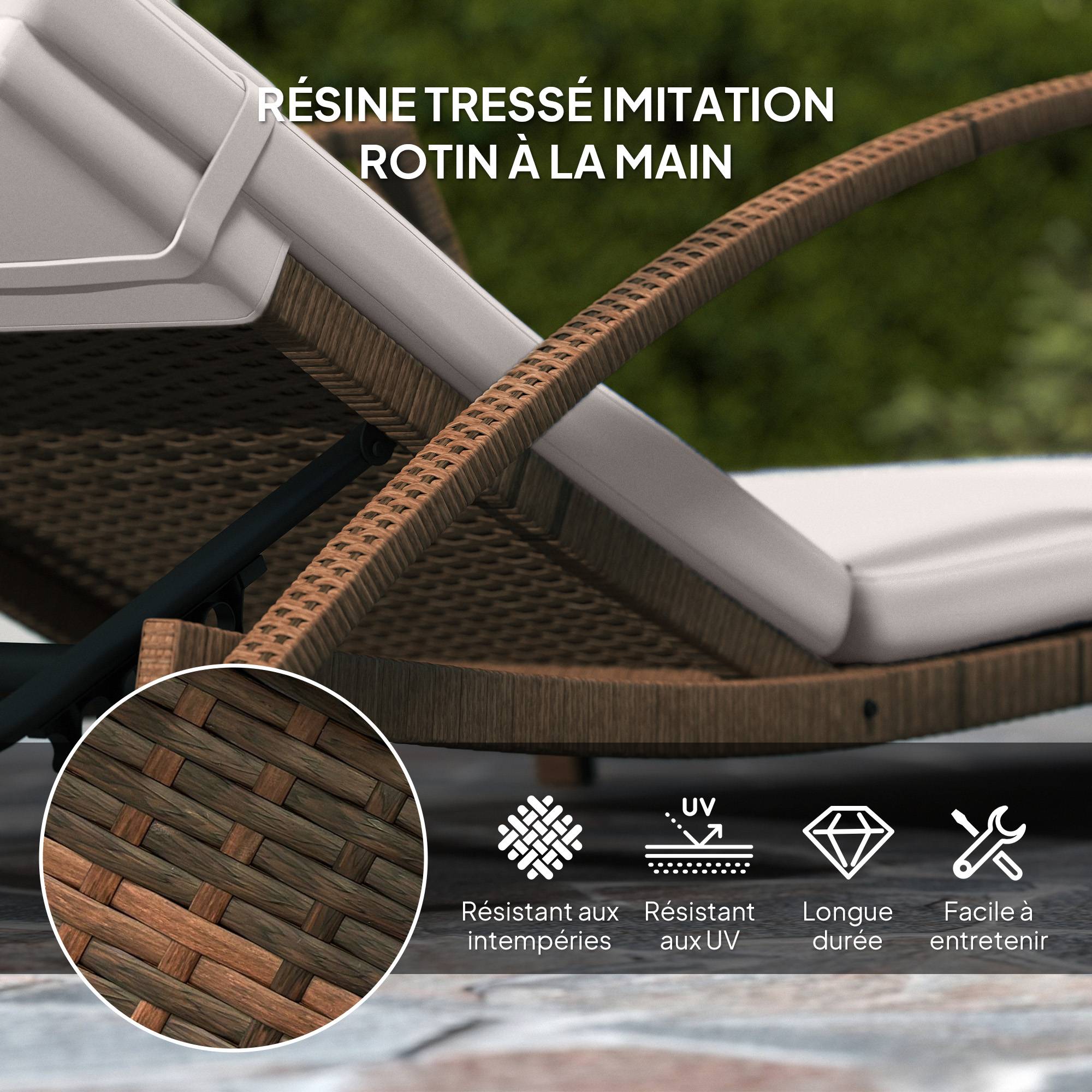 Bain de soleil à roulettes résine tressée piscine dossier réglable beige - ComfortXL Outdoor Living - Image 9