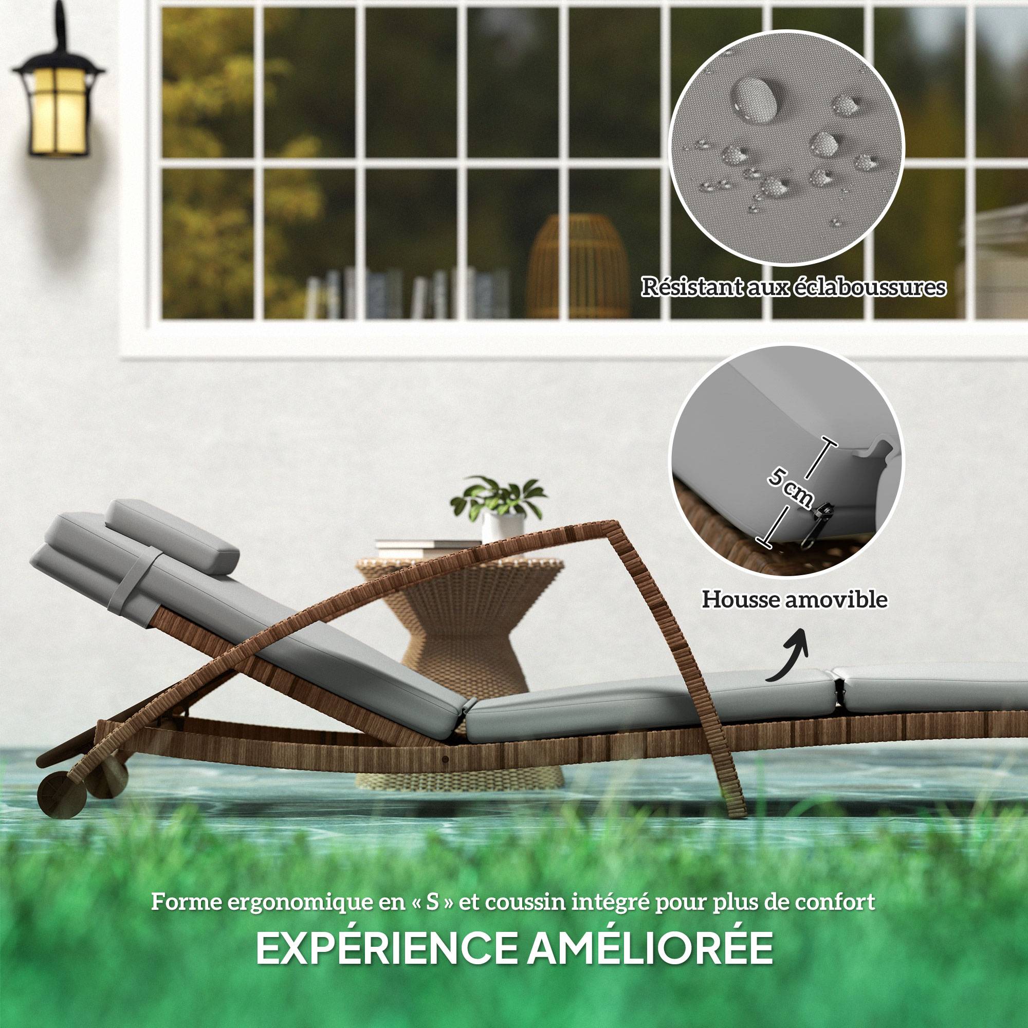 Bain de soleil à roulettes résine tressée piscine dossier réglable beige - ComfortXL Outdoor Living - Image 8
