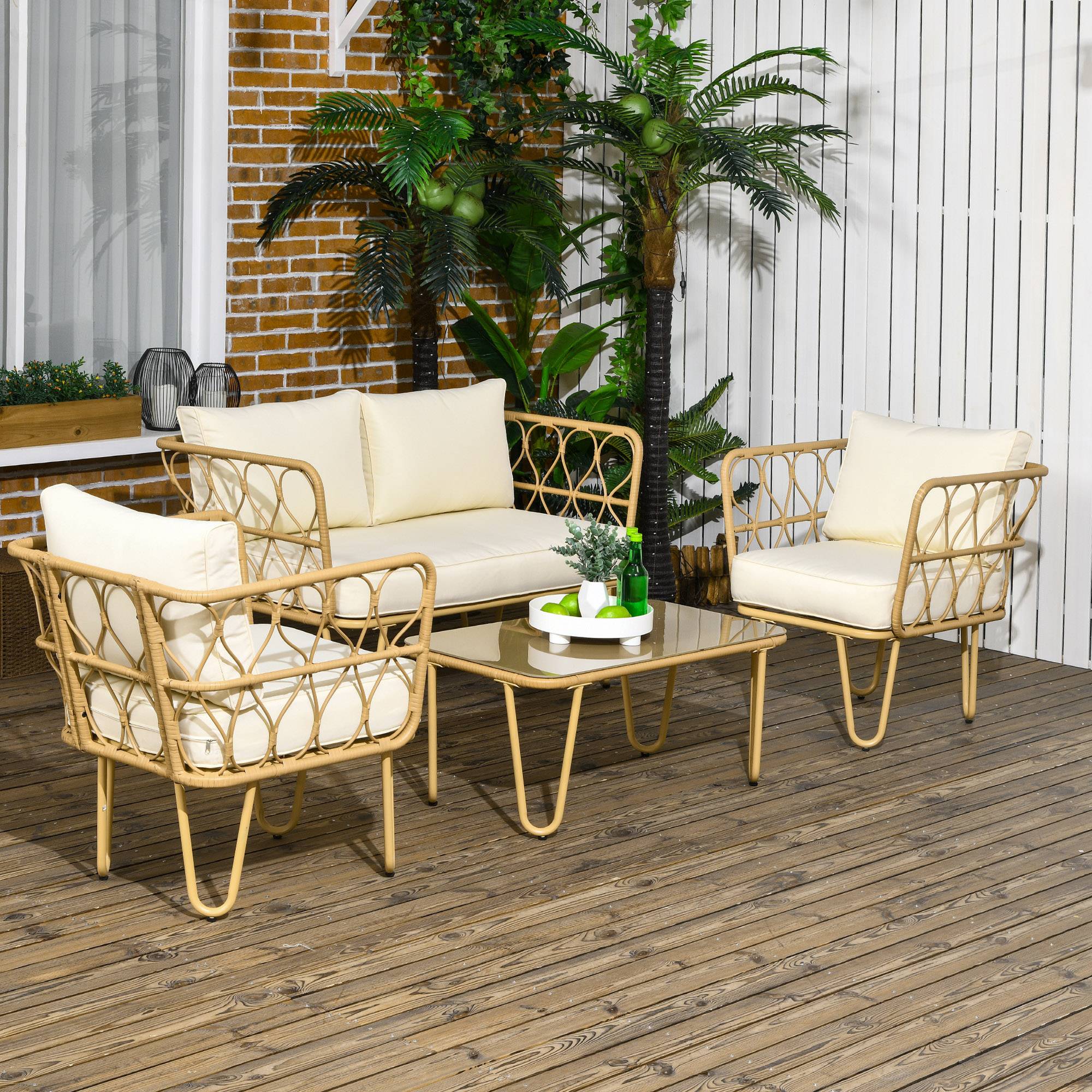 Outsunny - Salon de jardin 4 places 4 pièces style colonial résine tressée aspect rotin coussins écrus - Outsunny - Image 2