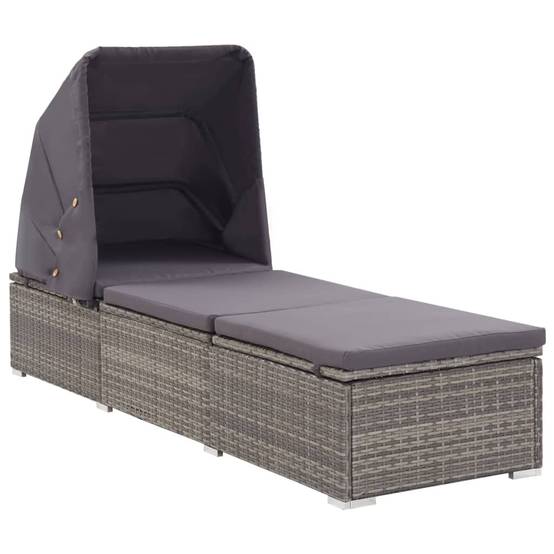 Bain de soleil - Transat - Chaise longue avec auvent et coussin Résine tressée Gris - MEUBLE PRO - Image 2