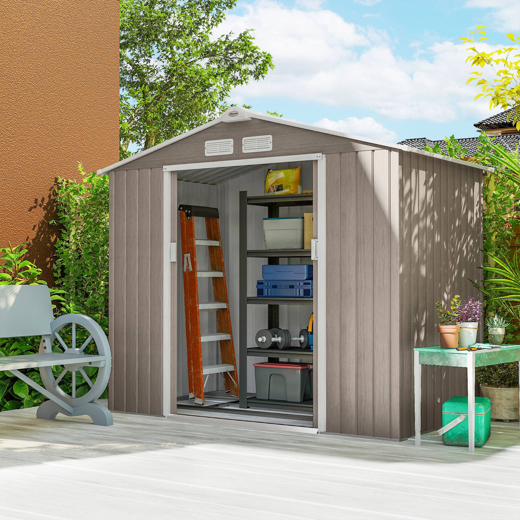 Abri de jardin de 2,42 m² (213 x 130 x 185 cm) avec 2 portes coulissantes, toit en pente et 4 fenêtres imitation bois - Image 10