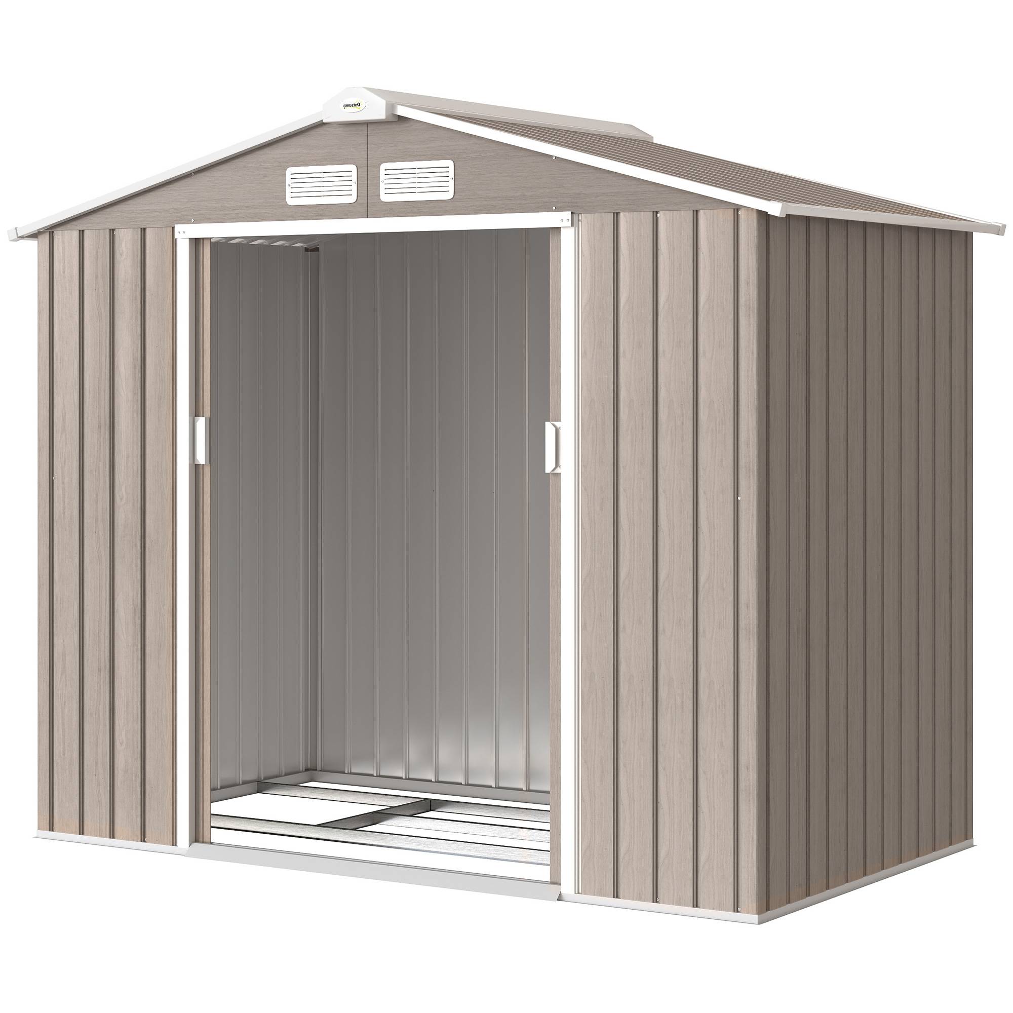 Abri de jardin de 2,42 m² (213 x 130 x 185 cm) avec 2 portes coulissantes, toit en pente et 4 fenêtres imitation bois - Image 2