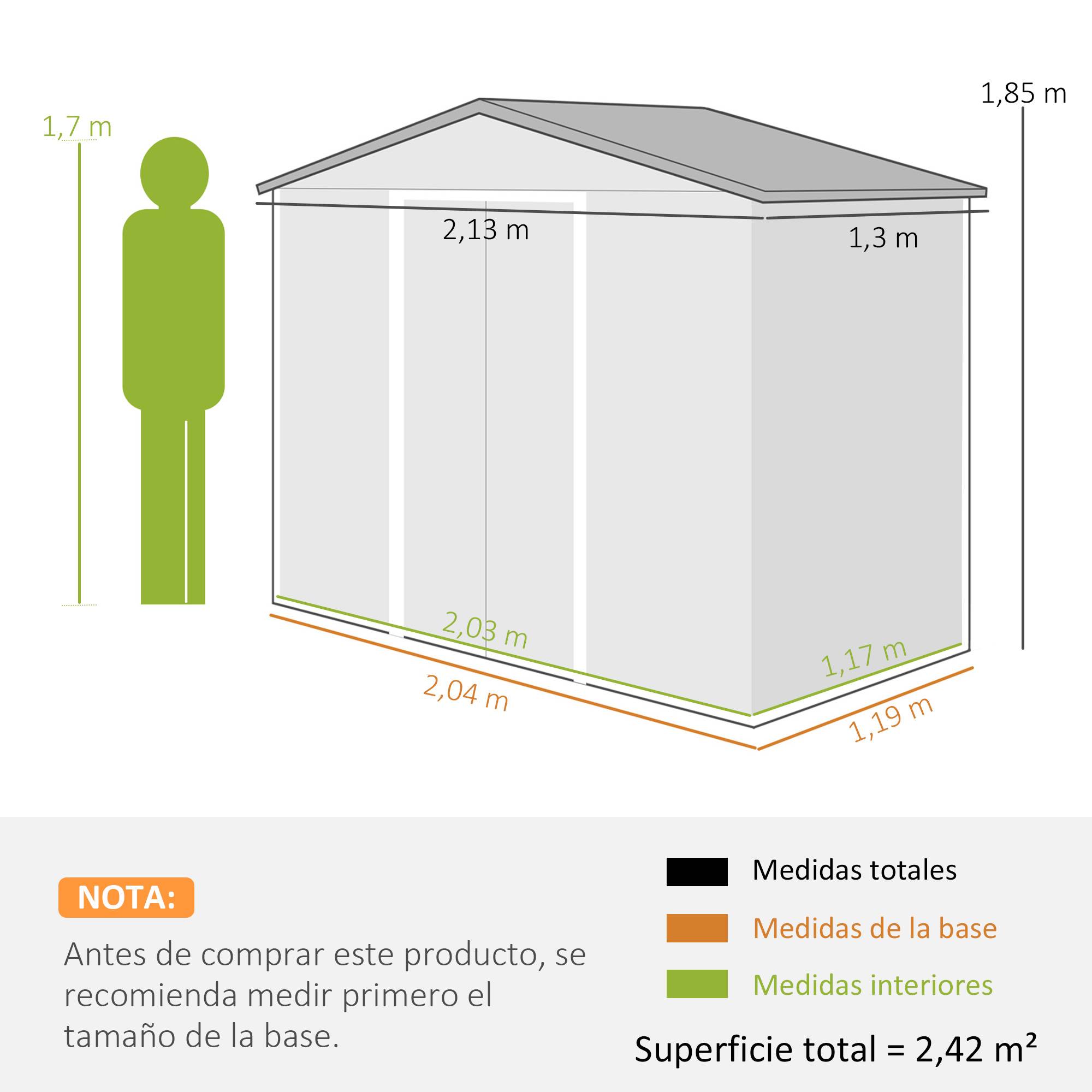 Abri de jardin de 2,42 m² (213 x 130 x 185 cm) avec 2 portes coulissantes, toit en pente et 4 fenêtres imitation bois - Image 5