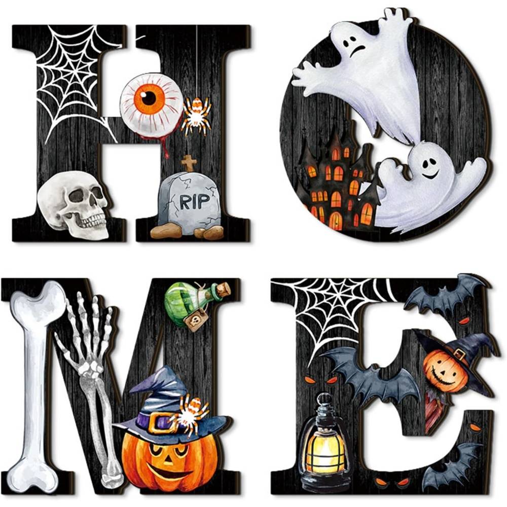 Décoration de jardin-Décorer-Décor Murale Halloween Lettres HOME Bois Fantôme Citrouille Crâne Décoration - Living123