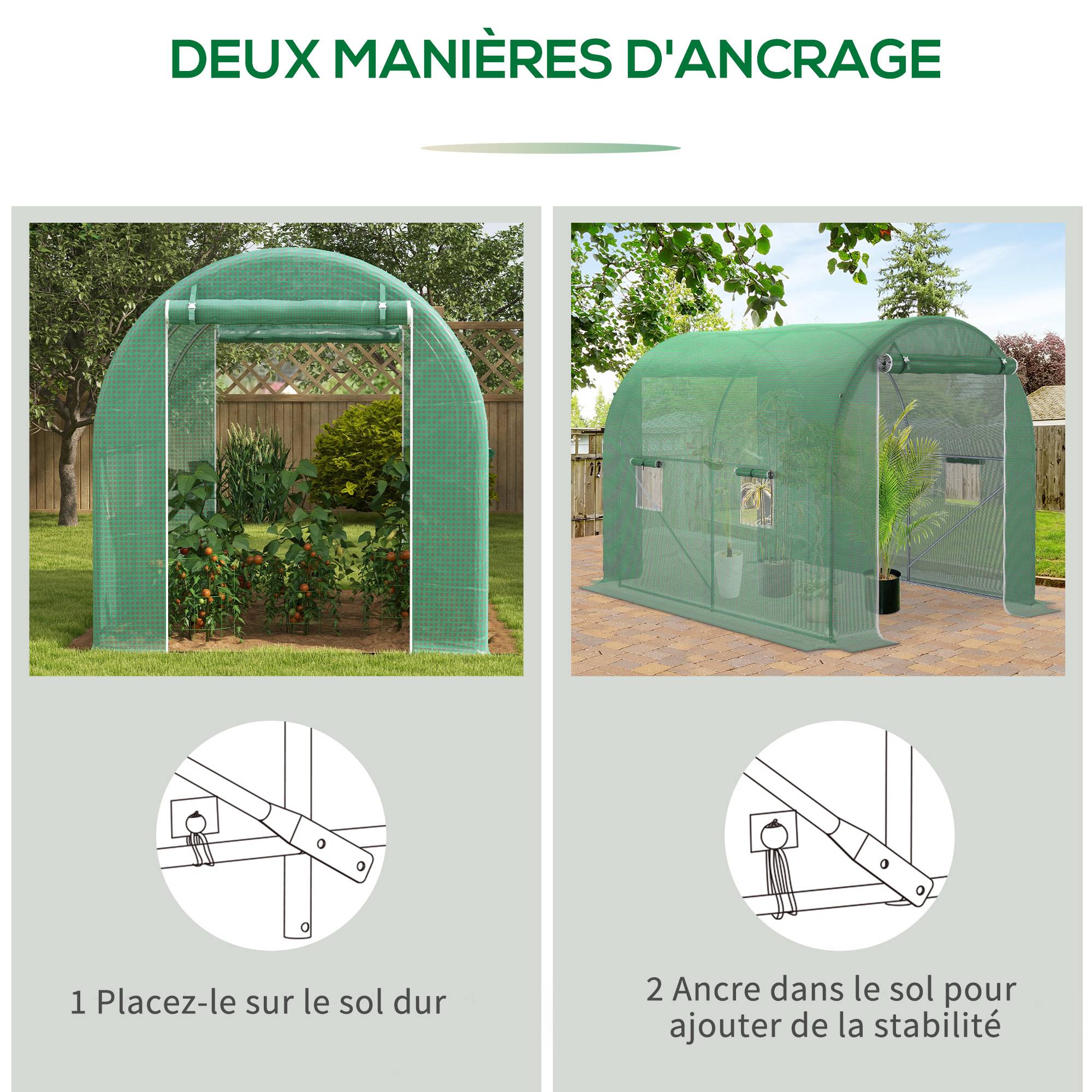 Outsunny - Serre de Jardin Tunnel 6m² 3x2x2,10m Surface Sol Portes zippées 4 Fenêtres enroulables Châssis Acier Vert - Outsunny - Image 6