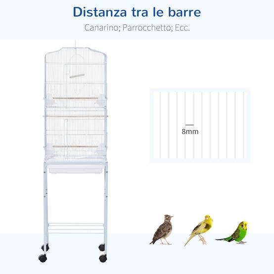 Cage pour oiseaux, volière en métal et acier avec roues, perchoirs et mangeoires, 46,5x36x157 cm, blanc - Image 8