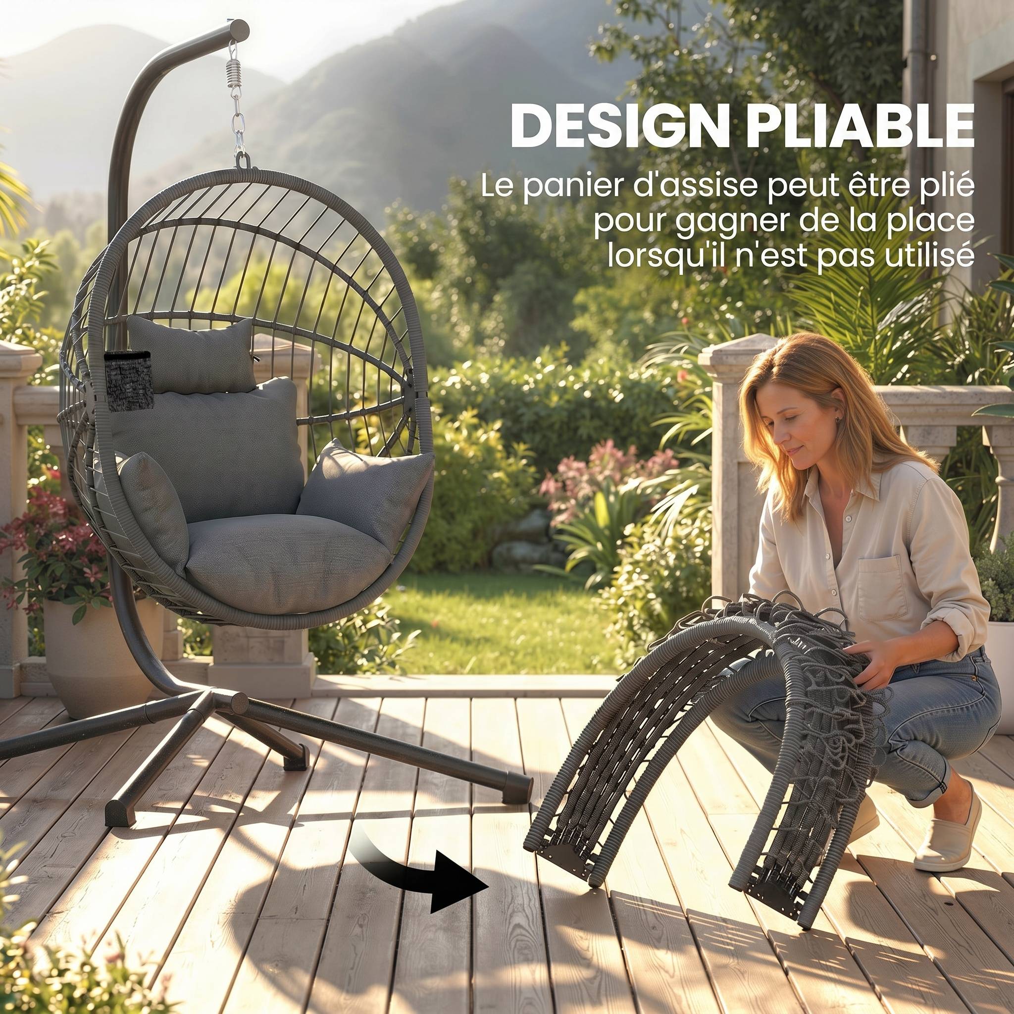 Fauteuil œuf suspendu acier jardin et balcon panier pliable coussin épais rembourré gris - ComfortXL Outdoor Living - Image 7