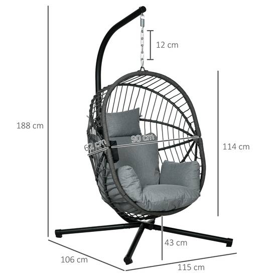 Fauteuil œuf suspendu acier jardin et balcon panier pliable coussin épais rembourré gris - ComfortXL Outdoor Living - Image 5